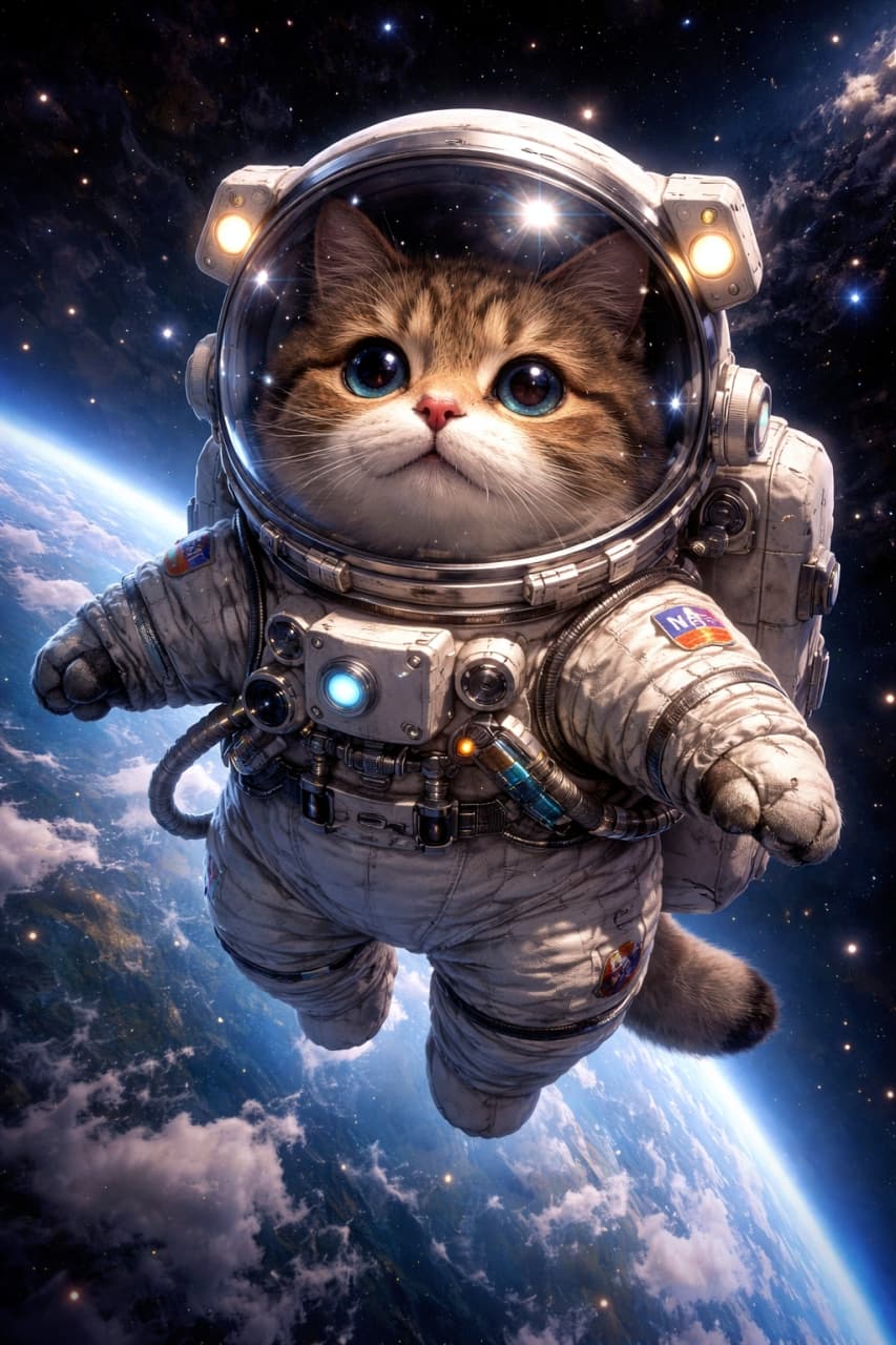 「ニャンと！宇宙旅行にゃう🚀✨宇宙服を着こなすぽっちゃりキャットのドヤ顔がたまらないですね👨‍🚀🐾」Ultra-realistic high-quality photograph of an adorable chubby tabby cat wearing a highly detailed astronaut suit, floating in space with the Earth and glowing stars in the background. 青い地球と無数の星が輝く宇宙空間を背景に、精巧な宇宙服を着て無重力状態を漂っている、ぽっちゃりとしたキジ白猫の超高画質写真。ヘルメット越しに大きな瞳が輝いている