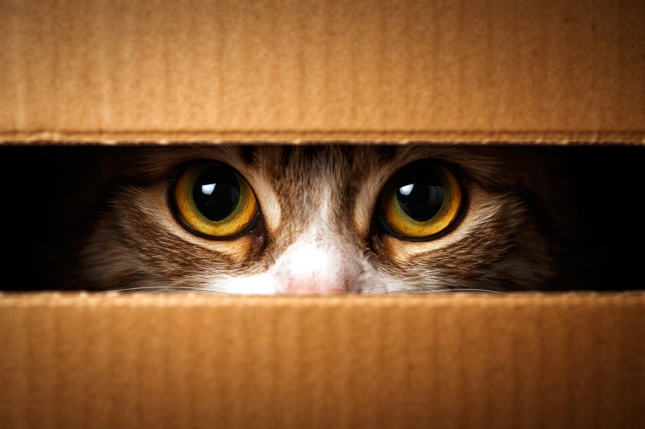 「隙間から狙われてる！？📦👀ハンターモード全開の美しいキャッツアイから目が離せません🐈💨」Ultra-realistic high-quality extreme close-up photograph of a cat's captivating orange eyes peeking intently through a narrow slit in a cardboard box. ダンボール箱の細い隙間から、鮮やかなオレンジ色の大きな瞳でこちらをじっと見つめている猫の極端なクローズアップ（マクロ）の超高画質写真