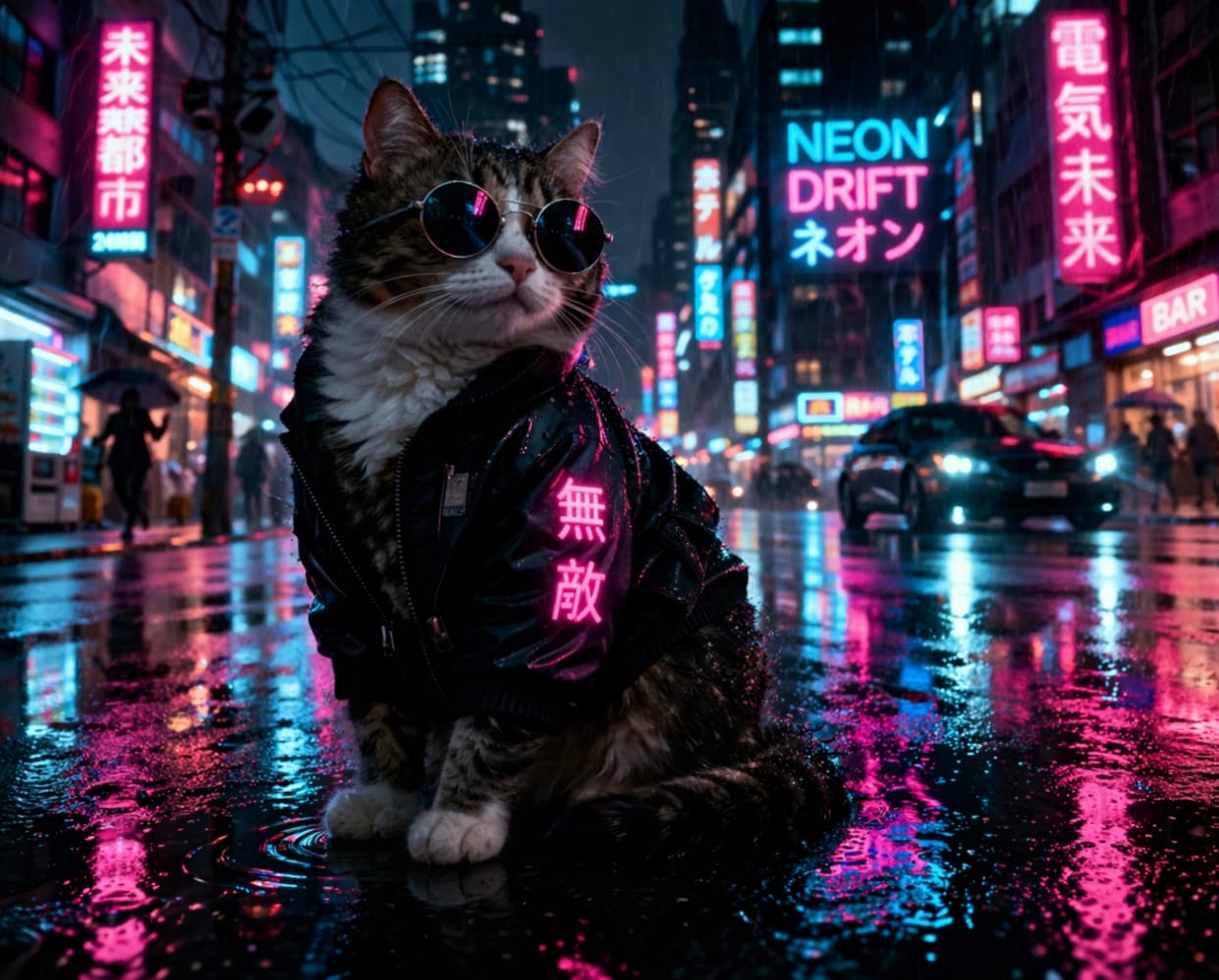 「ネオン街の「無敵」なストリートキャット見参！⚡️丸サングラスと光るジャケットの着こなしがサイバーパンク感満載でかっこいいですね😼✨」Ultra-realistic high-quality photograph of a cool tabby and white cat wearing round sunglasses and a black jacket with the pink neon word "Muteki" (Invincible) on the sleeve, sitting on a wet street in a cyberpunk neon city on a rainy night. 雨の降るサイバーパンク風のネオン街の濡れた路面に座る、丸いサングラスと袖にピンクのネオンで「無敵」と書かれた黒いジャケットを着たクールなキジ白猫の超高画質写真。背景には日本語のネオンサインが輝いている