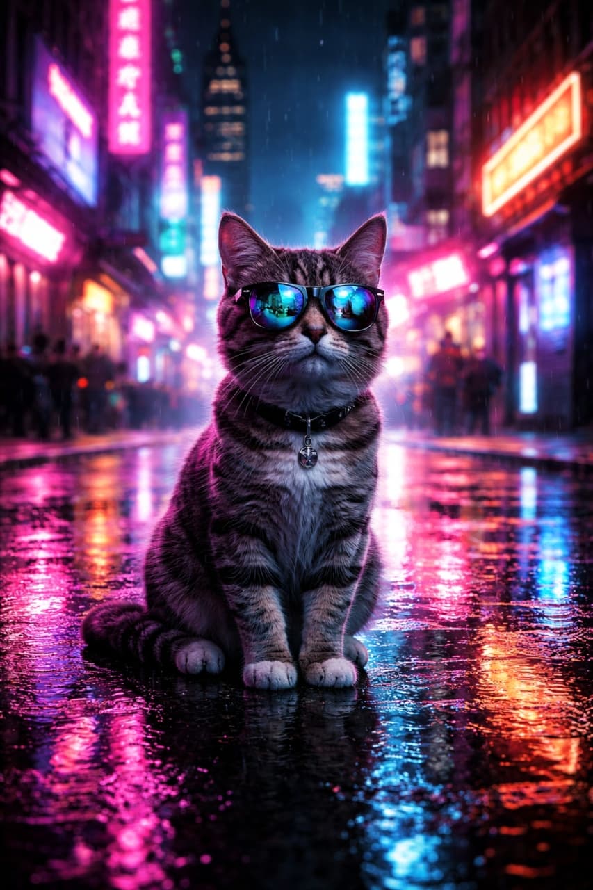 「サイバーパンクシティに降臨！🌃✨ネオンの光を反射するサングラスがクールすぎるイケメン猫ちゃんです😎🐾」Ultra-realistic high-quality photograph of a cool tabby cat wearing blue reflective sunglasses sitting on a wet street in a cyberpunk neon city. Vibrant pink and blue neon lights reflect beautifully on the puddles on a rainy night.　雨の降るサイバーパンク風のネオン街の濡れた路面に座る、青く反射するサングラスをかけたクールなキジトラ猫の超高画質写真。鮮やかなピンクと青のネオン光が水たまりに美しく反射している