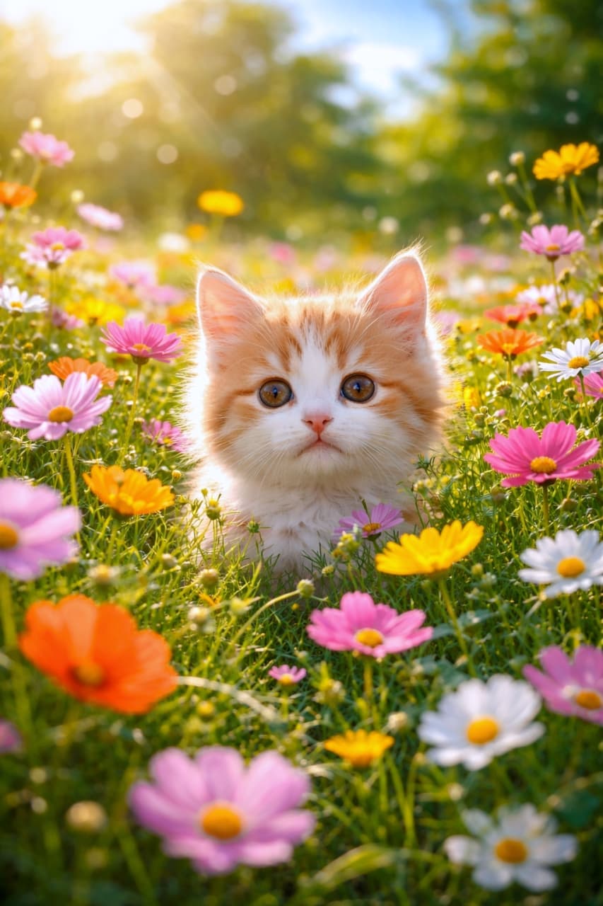 「お花畑の中からひょこっと登場🌼✨ぽかぽか陽気に包まれて、キラキラおめめでごあいさつ🐱💛見つけた瞬間、ちょっと幸せになる一枚です♪」A cute fluffy orange and white kitten peeking out from a colorful field of blooming flowers on a bright sunny day, with soft natural light and a dreamy background. 色とりどりの花が咲く明るい花畑から顔をのぞかせる、ふわふわのオレンジと白の子猫。柔らかな自然光と幻想的な背景