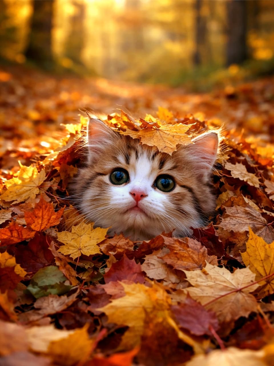 「落ち葉のお布団からひょっこり🍁🍂お顔だけ出してる姿が可愛すぎて、そのまま保護したくなりますね😆💕」Ultra-realistic high-quality photograph of an incredibly cute fluffy kitten completely buried in vibrant autumn leaves, with only its adorable face and a leaf on its head visible. 赤やオレンジに色づいた秋の落ち葉の山にすっぽりと埋もれ、顔だけを出してこちらを見つめる可愛らしい子猫の超高画質写真。頭の上にも一枚の葉っぱが乗っている