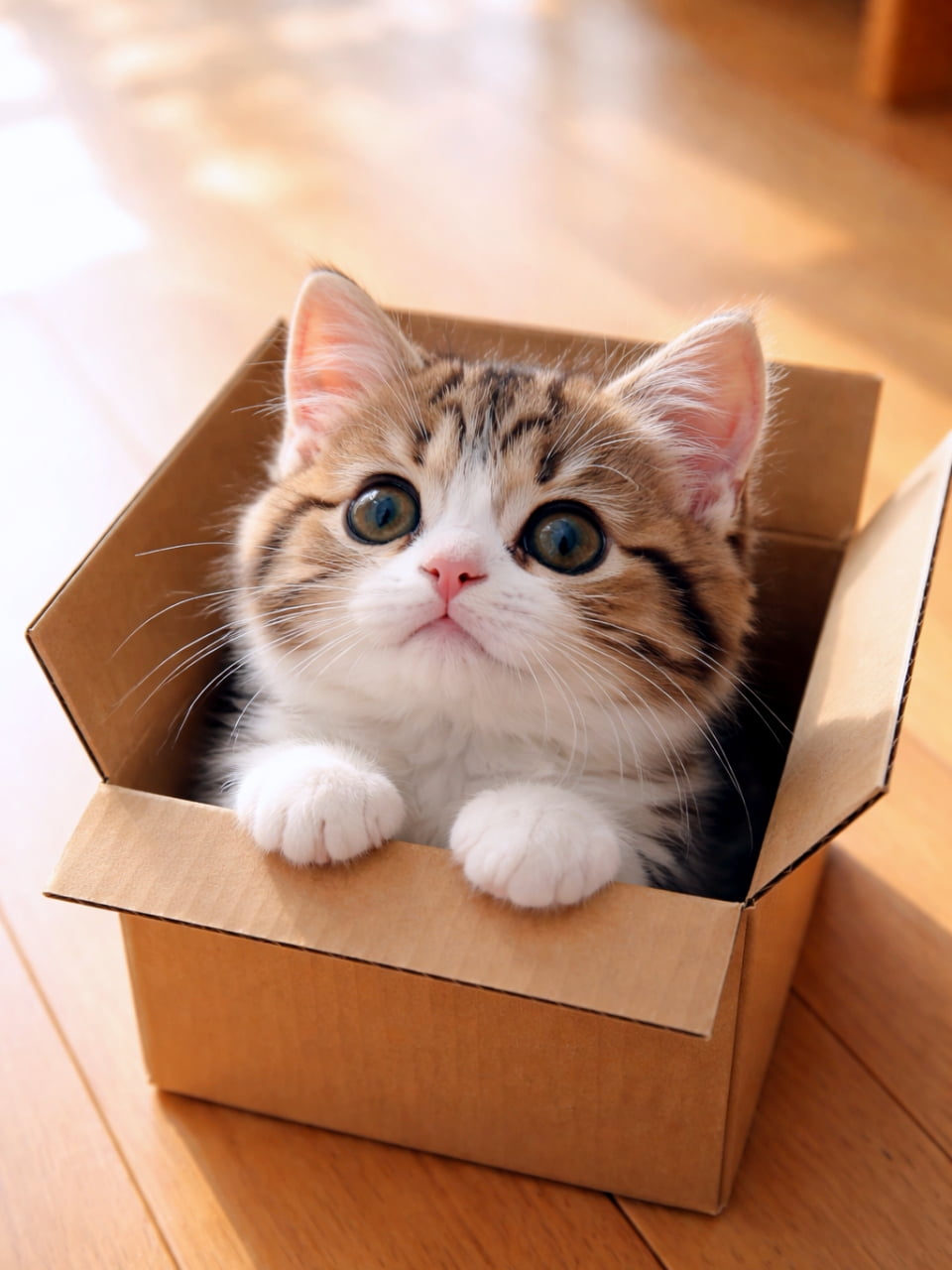 「箱にぴったりフィット！顔とおててだけちょこんと出して、キラキラおめめで見上げる子猫が反則級にかわいい瞬間📦🐾」A cute fluffy kitten sitting perfectly inside a small cardboard box, with only its head and paws visible, looking up in bright lighting. 小さな段ボール箱にぴったり収まったふわふわの子猫が、顔と前足だけを見せて明るい光の中で上を見上げている様子