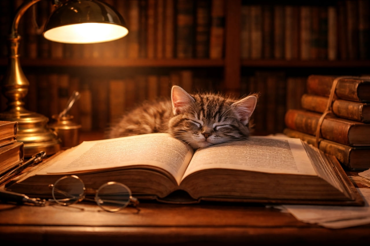 「読書のお供は夢の中へ…💤アンティークランプの優しい光と、本の上で眠る子猫ちゃんが作り出す至福の空間です☕️📖」Ultra-realistic high-quality photograph of an adorable tabby kitten sleeping peacefully, resting its chin on an open, thick vintage book in a dimly lit study, illuminated by the warm light of an antique desk lamp with round glasses in the foreground. アンティークなデスクランプの温かい光に照らされた薄暗い書斎で、開かれた分厚い古書の上に顎を乗せてすやすやと眠っているキジトラの子猫の超高画質写真。手前には丸眼鏡が置かれている