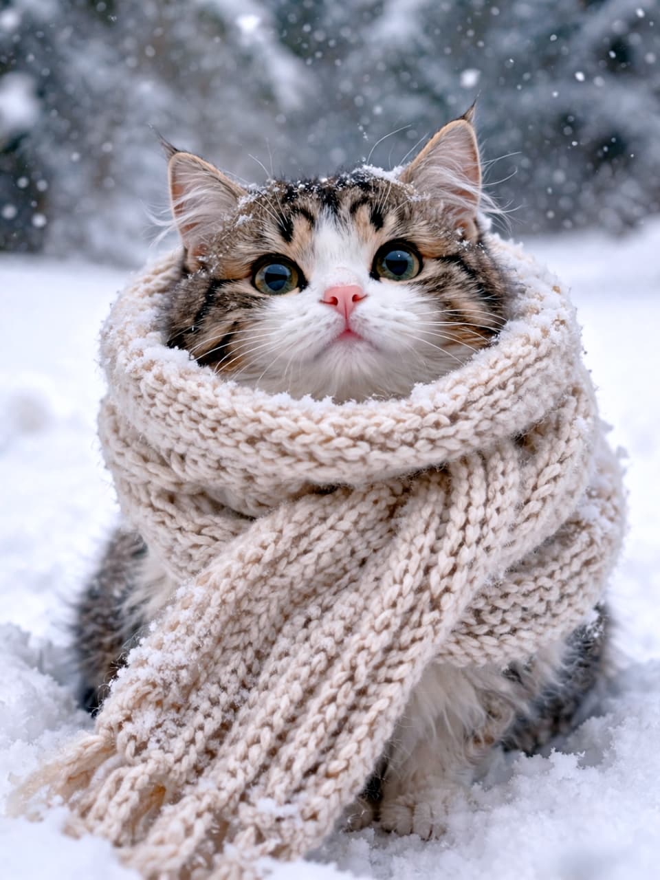 「雪をまとったふわふわボディと大きなマフラーが最強コンビ！見上げる表情にほっこりする冬の癒しショット🐾✨」A wide-eyed fluffy cat wearing a thick oversized knitted scarf, sitting in fresh snow with detailed snowflakes on its fur, cozy and realistic winter scene. ふわふわの毛並みに雪をまとい、大きなマフラーを巻いた猫が新雪の中で見上げるリアルであたたかい冬の風景