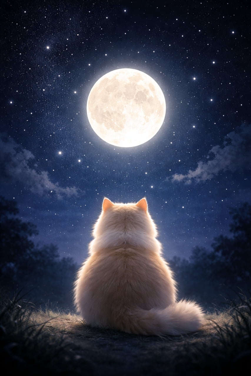 「お月様、綺麗だニャ🌕✨満天の星空とモフモフな後ろ姿の組み合わせが、とってもロマンチックですね🌌🐾」Ultra-realistic high-quality photograph of a fluffy cat viewed from behind, sitting on the grass and looking up at a giant, glowing full moon in a beautiful starry night sky. 満天の星が輝く夜空と、大きく光り輝く満月を、草地にお座りしてじっと見上げているフワフワな猫の美しい後ろ姿の超高画質写真
