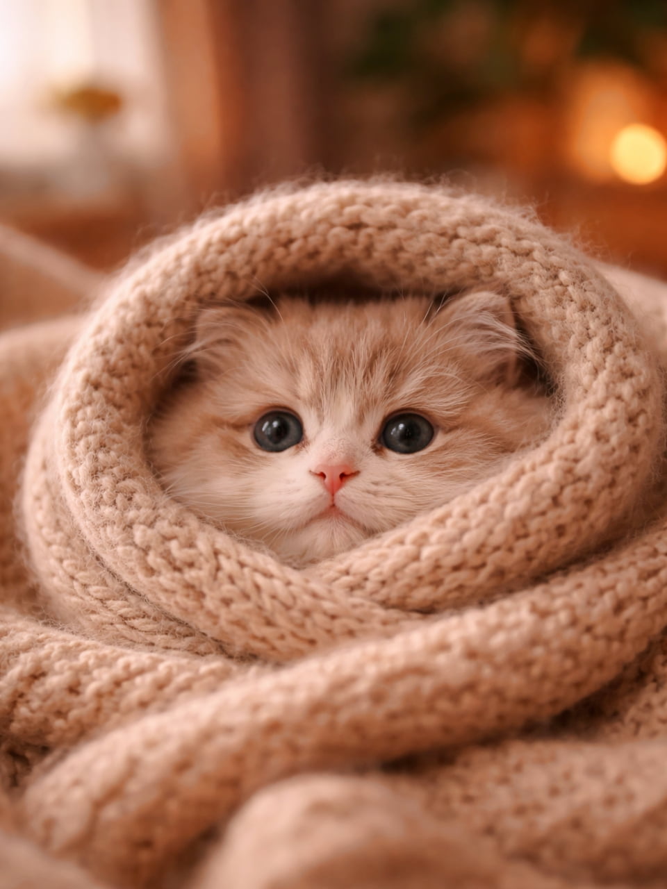 「ぬくぬく毛布にすっぽり包まれて、ひょっこりお顔だけこんにちは。見ているだけで心まであったかくなる、冬のごほうびにゃんこ🐾」A fluffy kitten wrapped snugly in a thick knitted blanket, only its adorable face peeking out, in a warm softly lit room. 厚手のニットブランケットにくるまれ、かわいい顔だけをのぞかせるふわふわの子猫。暖かく柔らかい光の室内
