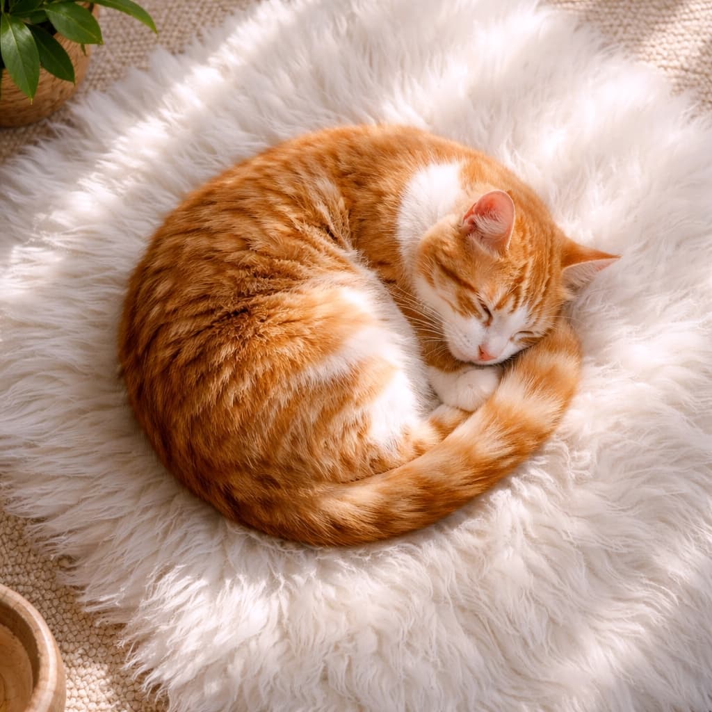 「ふわふわラグでまん丸にお昼寝中💤真上からのアングルが、まるで可愛いアンモナイトみたいですね🥐✨」Ultra-realistic high-quality top-down photograph of a cute ginger and white cat sleeping peacefully curled up on a fluffy white rug in the sunlight. 陽の光が差し込む部屋で、ふわふわの白いラグの上で丸くなって気持ちよさそうに眠っている茶白猫を、真上からのアングルで捉えた超高画質写真