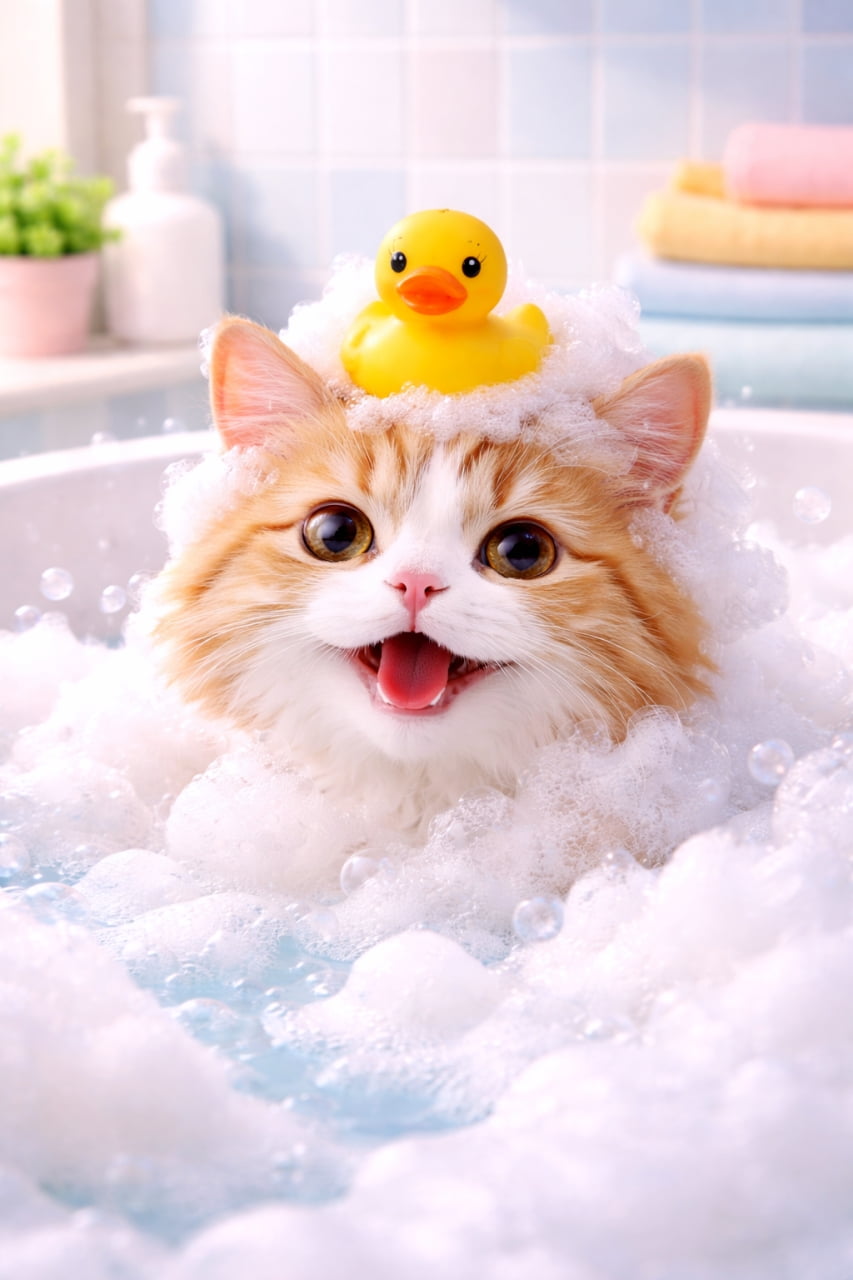 「アヒルさんと一緒にご機嫌バスタイム🛁🫧もっこもこの泡と最高の笑顔に、見ているこちらまで幸せになっちゃいますね😆💕」Ultra-realistic high-quality photograph of a happy ginger and white cat enjoying a fluffy bubble bath, smiling with its mouth open, with a cute yellow rubber duck sitting on its head in a bright bathroom. 明るいバスルームで、ふわふわのバブルバス（泡風呂）に浸かりながら、嬉しそうに口を開けて笑っている茶白猫の超高画質写真。頭の上には黄色いラバーダック（アヒルのおもちゃ）がちょこんと乗っている