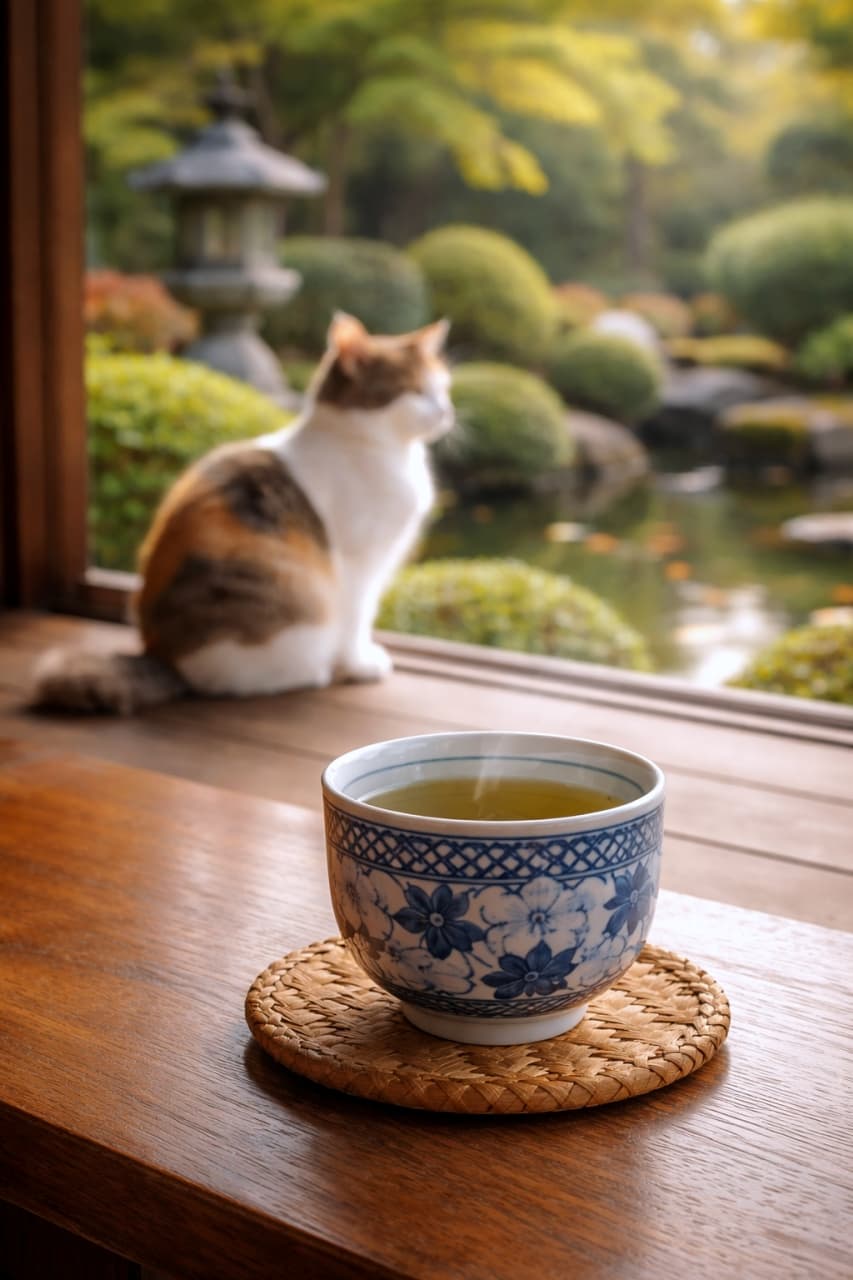 「縁側でほっと一息🍵✨奥でのんびりお庭を眺める猫ちゃんがいる、風情たっぷりの和風リラックス空間です🌿🐈」Ultra-realistic high-quality photograph focusing on a steaming cup of Japanese green tea on a wooden porch, with a softly blurred calico cat sitting in the background, looking out at a serene Japanese garden. 手前の木製の縁側に置かれた、湯気が立つ青い花柄の和風の湯呑み（緑茶）にピントが合った超高画質写真。背景には美しい日本庭園が広がり、縁側に座って外を眺める三毛猫が柔らかくボケて写っている