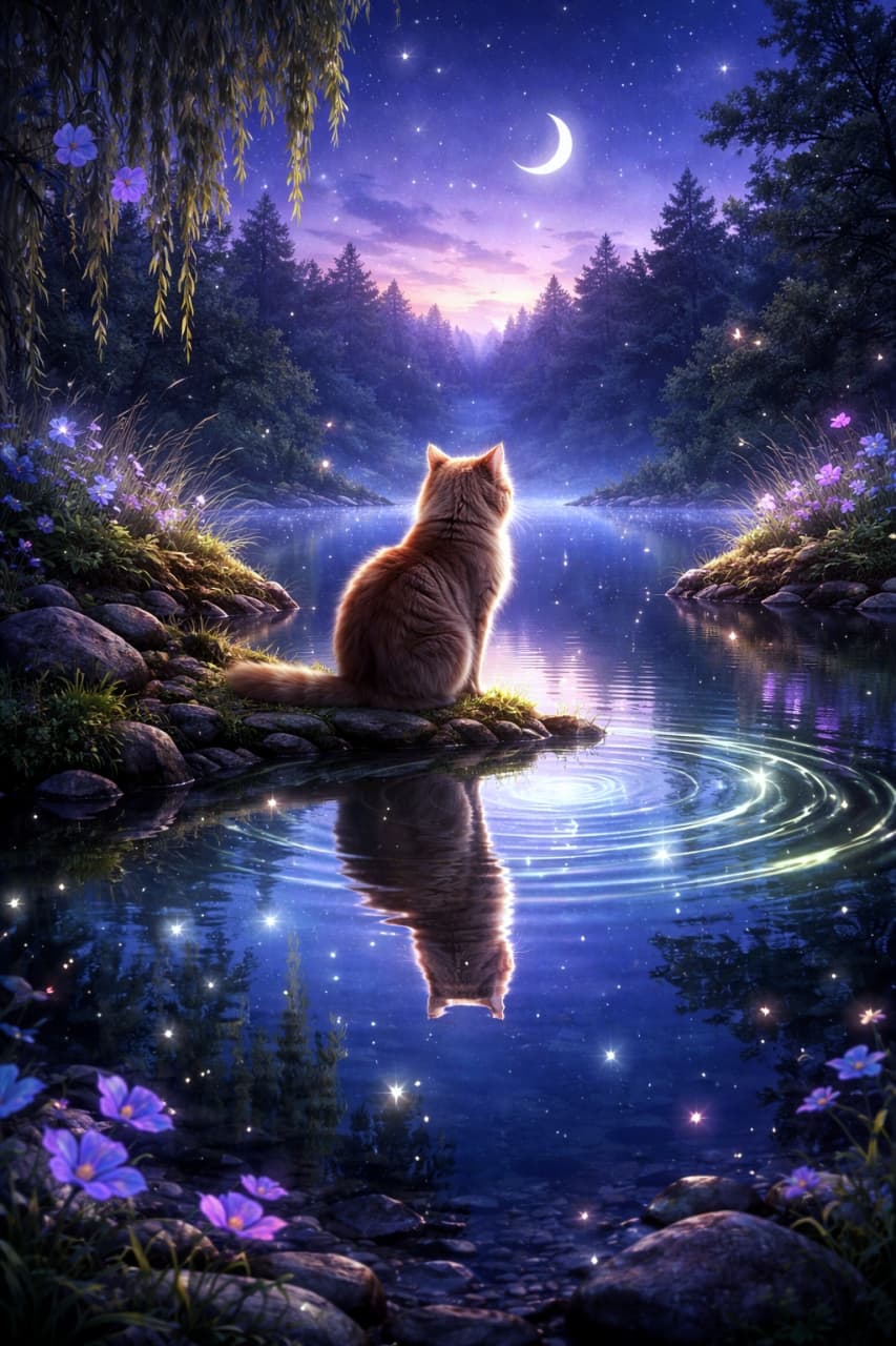 「月夜の池で何を想うの…🌙✨絵本の世界に迷い込んだような神秘的な後ろ姿に心奪われます🥺」Ultra-realistic high-quality photograph of a beautiful orange cat sitting by a glowing, magical pond at night, viewed from behind, with a crescent moon and fireflies illuminating the mystical forest. 三日月が浮かぶ紫とピンクの美しい夕暮れ（または夜）の森で、光り輝く神秘的な池のほとりに座り、水面を見つめる茶トラ猫の後ろ姿の超高画質写真。水面には猫のシルエットと波紋が映っている
