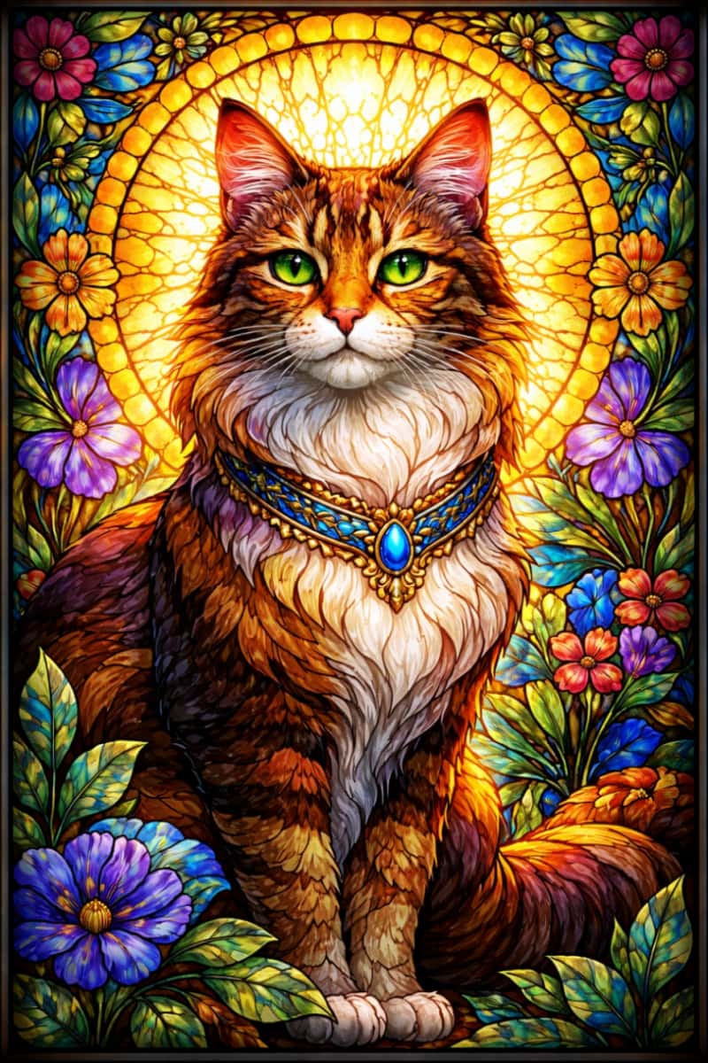 「まるで本物のステンドグラス！🎨✨光り輝く芸術的な猫ちゃんのアートに、思わずじーっと見入っちゃいますね👀💕」Beautiful and highly detailed stained glass style illustration of a majestic cat wearing a blue jewel necklace, surrounded by colorful vibrant flowers. 鮮やかな色合いと太い輪郭線を用いたステンドグラス風に描かれた、青い宝石の首飾りをつけた猫と色とりどりの花々の美しいイラストレーション