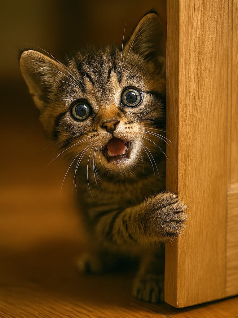「にゃんと！！ご主人が帰ってきたニャー！？🚪🐾お出迎えの準備しなきゃ！💨」An ultra-realistic high-quality photograph of a tabby kitten poking its face and paw out from the gap of a wooden door, with wide round eyes and an open mouth, looking surprised as if appealing for something. 木製のドアの隙間から顔と前足だけを出したキジトラの子猫が、大きな丸い目を見開き、口を開けて何かを訴えるかのように驚いている表情の高画質な写真