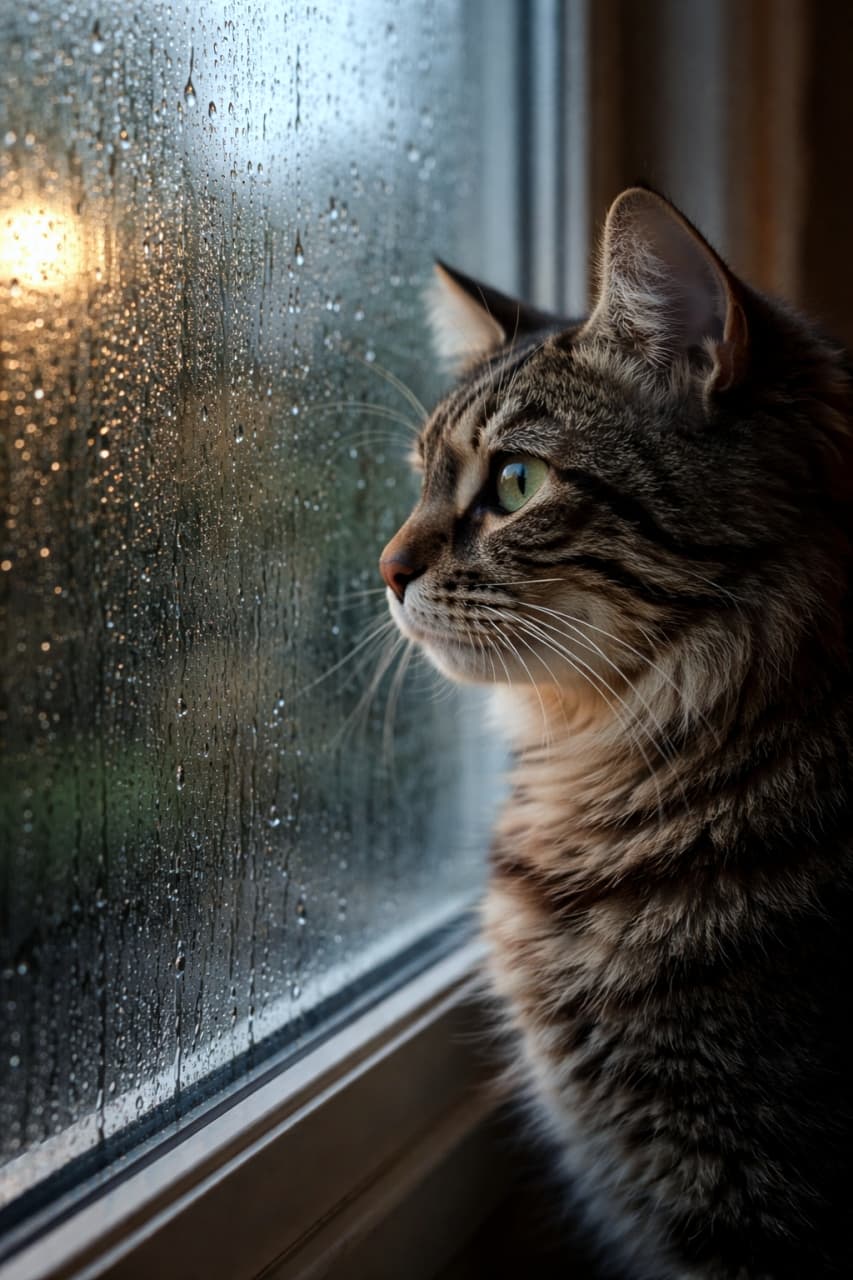「雨の日は窓辺で物思いにふけて…☔️雨粒と猫ちゃんの横顔が最高にエモい雰囲気を演出しています🥺✨」Ultra-realistic high-quality photograph of a beautiful long-haired tabby cat looking out through a rain-streaked window, with soft dusk light blurred in the background.　雨粒が滴る窓ガラスのすぐそばに座り、外の景色を静かに見つめている長毛のキジトラ猫の美しい横顔の超高画質写真。背景には夕暮れ時の淡い光がボケて写っている