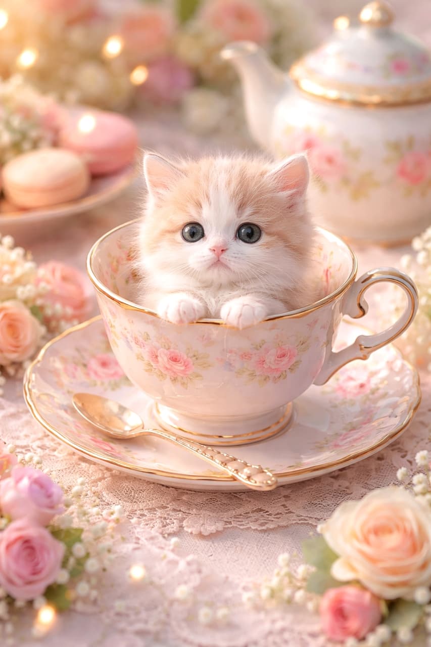 「お花のティーカップにすっぽり収まった小さな子猫。やさしい光とパステルの世界で、まるでおとぎ話から飛び出してきたみたいな可愛さです☕🐾✨」A tiny fluffy kitten sitting inside an elegant floral teacup on a pastel table setting, surrounded by soft flowers and warm light, fairy tale atmosphere. パステル調のテーブルセットの上で、花柄のティーカップにちょこんと座る小さな子猫。やわらかな光と花々に囲まれたおとぎ話のような雰囲気