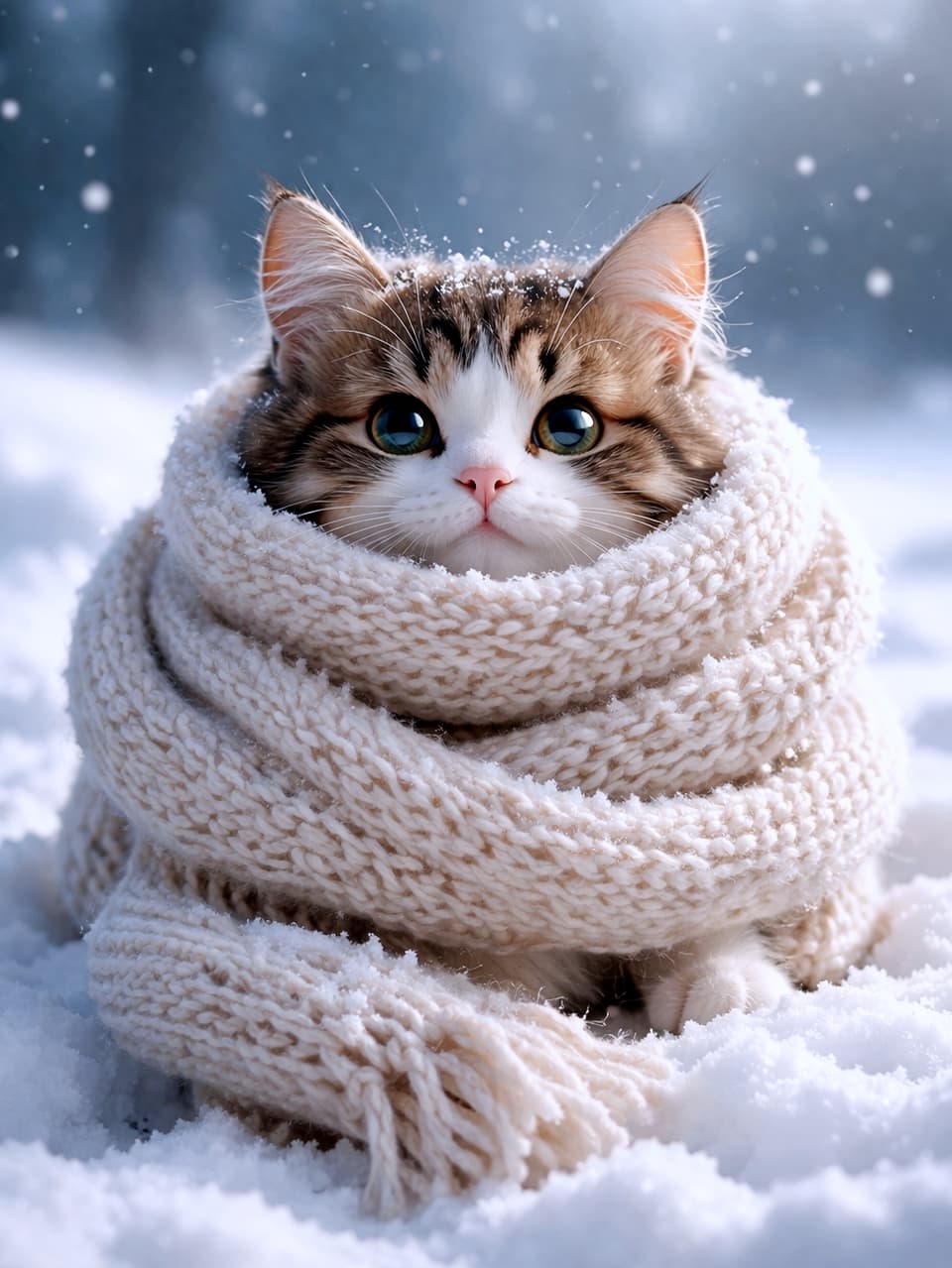 「もふもふマフラーにすっぽり包まれて、雪の中でもぬくぬく顔♪冬の静けさと可愛さがぎゅっと詰まった一枚です🐾✨」A tiny fluffy kitten wrapped in an oversized knitted scarf, sitting in soft snow with gentle falling snowflakes, dreamy winter atmosphere and pastel tones. 大きなニットマフラーに包まれた小さな子猫が、やわらかな雪の上で雪が舞う中じっと座る幻想的な冬のシーン