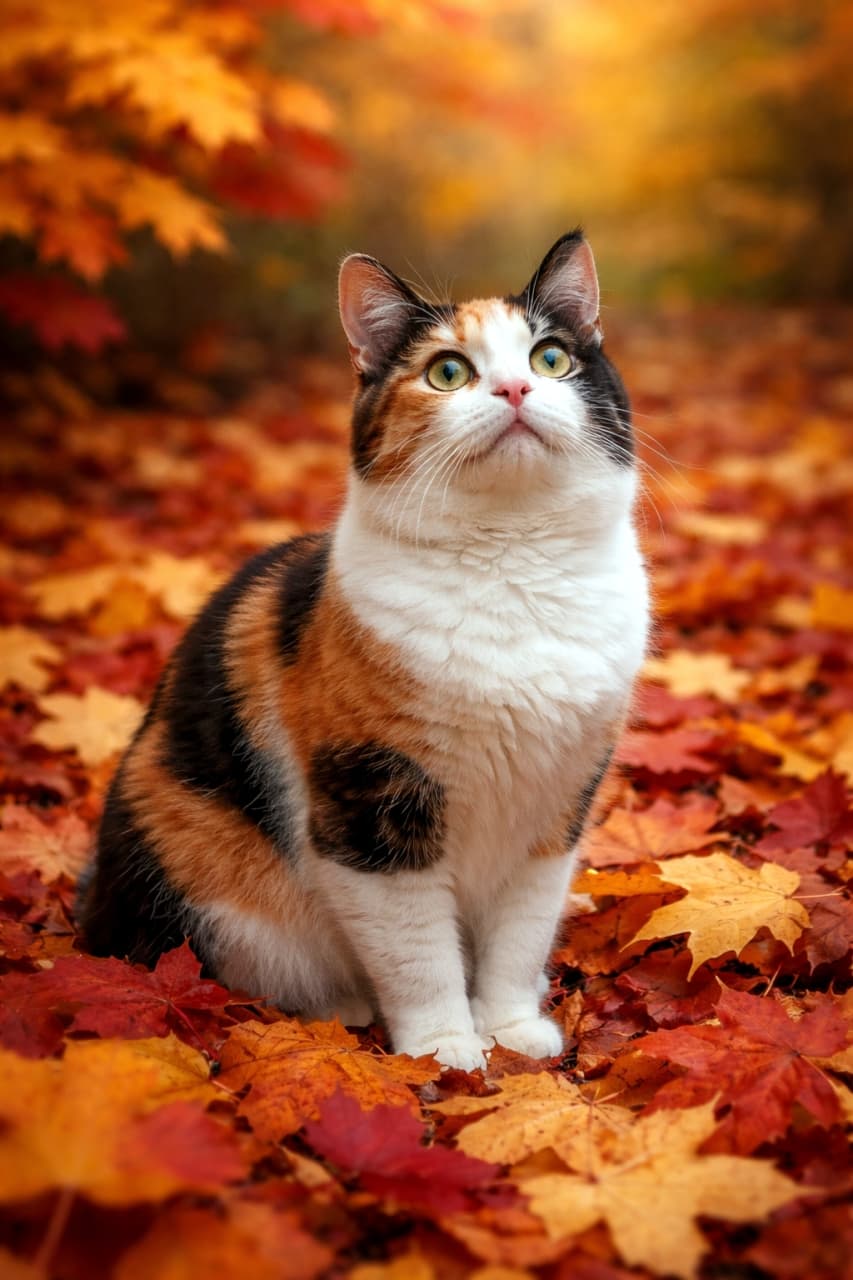 「秋の気配を感じて🍁 落ち葉の絨毯と三毛猫ちゃんの美しいコントラストにうっとりです✨ #秋と猫 #三毛猫 #紅葉」Ultra-realistic high-quality photograph of a calico cat sitting on vibrant red and orange autumn leaves, looking upwards. 鮮やかな赤やオレンジの紅葉した落ち葉の上に座り、上を見上げる三毛猫のリアルな高画質写真