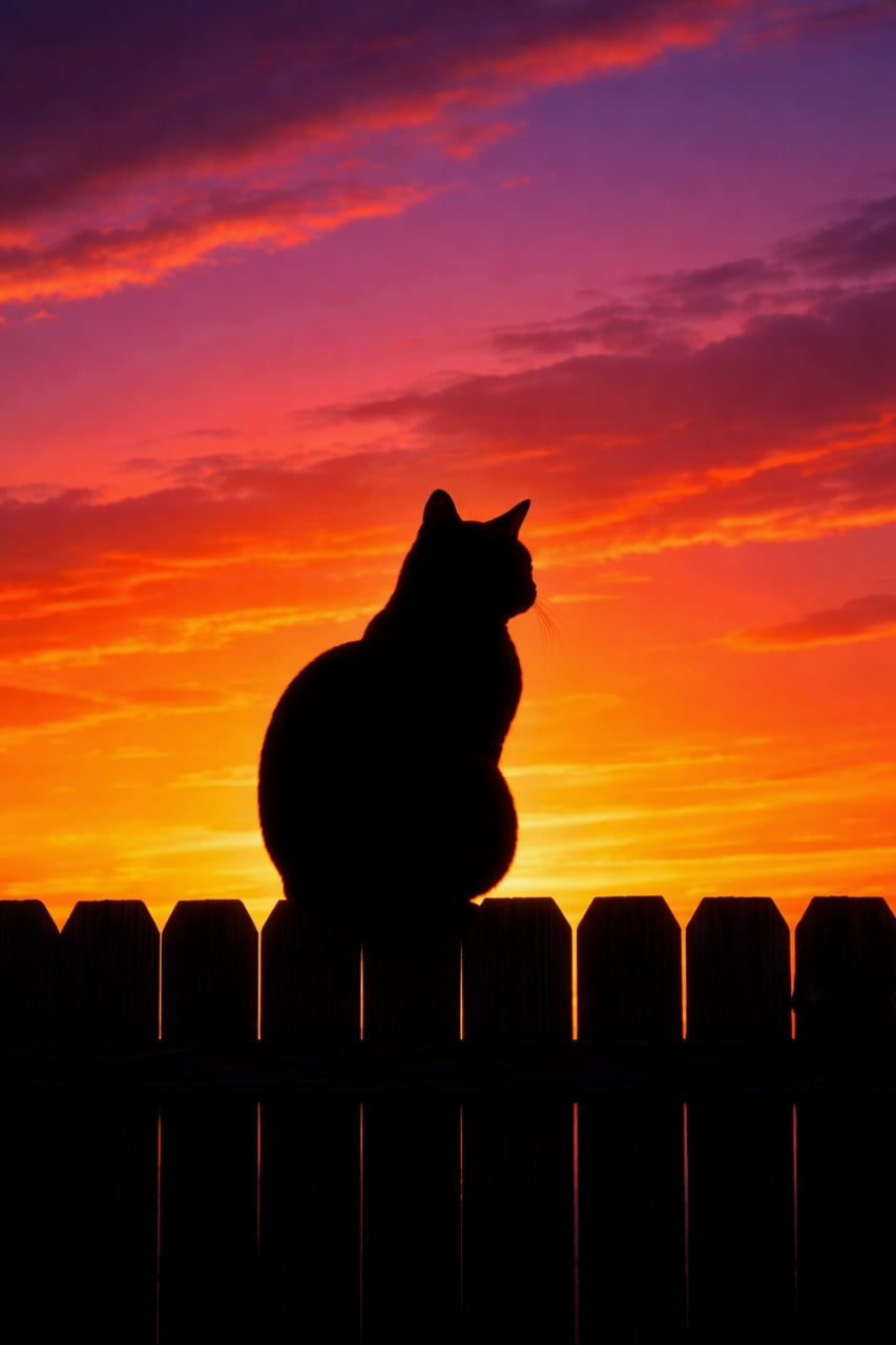 「マジックアワーの魔法🌆 美しい夕焼け空と猫のシルエットがエモすぎる最高の一枚📷✨ #夕焼け空 #猫シルエット #エモい写真」Ultra-realistic high-quality photograph of a cat's beautiful silhouette sitting on a wooden fence against a vibrant purple and orange sunset sky. 鮮やかな紫とオレンジの夕焼け空を背景に、木の柵の上に座る猫の美しいシルエットのリアルな高画質写真