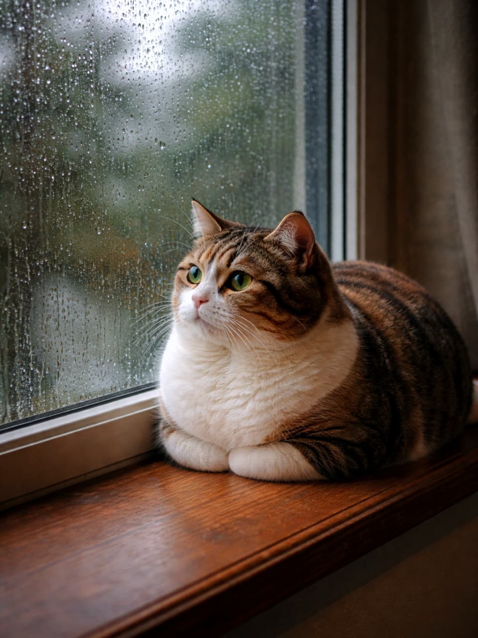 「雨の日はお外に出られないニャ☔️ 窓辺でたそがれる、まん丸ボディのマンクスちゃんにキュン💕」Ultra-realistic high-quality photograph of a chubby tabby and white Manx cat sitting in a loaf position by a window covered in raindrops, looking outside thoughtfully. 雨粒が滴る窓ガラスのそばで、両前足を内側に折りたたむ香箱座りをして外をじっと見つめる、ふくよかなキジ白のマンクス猫