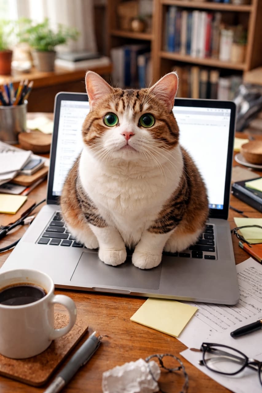 「「お仕事はストップ！ボクを撫でるニャ🐾」💻 デスクを完全封鎖するぽっちゃりマンクスちゃん。こんな妨害なら大歓迎！？😹」Ultra-realistic high-quality photograph of a chubby orange and white Manx cat sitting heavily directly on a laptop keyboard on a messy wooden desk, looking directly at the camera. 散らかった木製のデスクの上で、開いたノートパソコンのキーボードにどっしりと座り、大きな瞳でこちらを見つめるぽっちゃりとした茶白のマンクス猫。手前にはコーヒーマグが置かれている