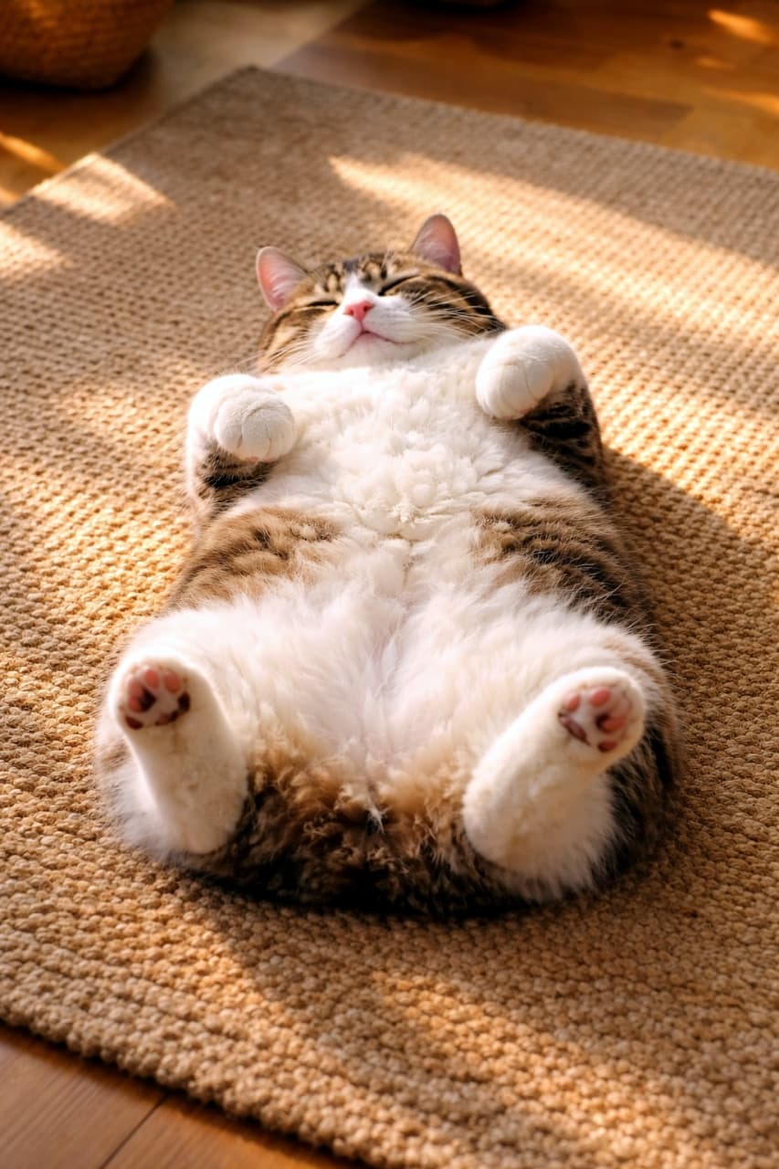 「ぽかぽかのラグで大の字お昼寝💤 無防備に開いたお腹とピンクの肉球の可愛さに、思わず笑顔になっちゃいます！🤤💕」Ultra-realistic high-quality photograph of a chubby tabby and white Manx cat sleeping deeply on its back on a sunlit rug, exposing its fluffy belly and pink toe beans. 暖かな日差しが差し込むラグの上で、仰向け（へそ天）になって気持ちよさそうに眠る、ぽっちゃりとしたキジ白のマンクス猫。丸いお腹とピンクの肉球が愛らしい