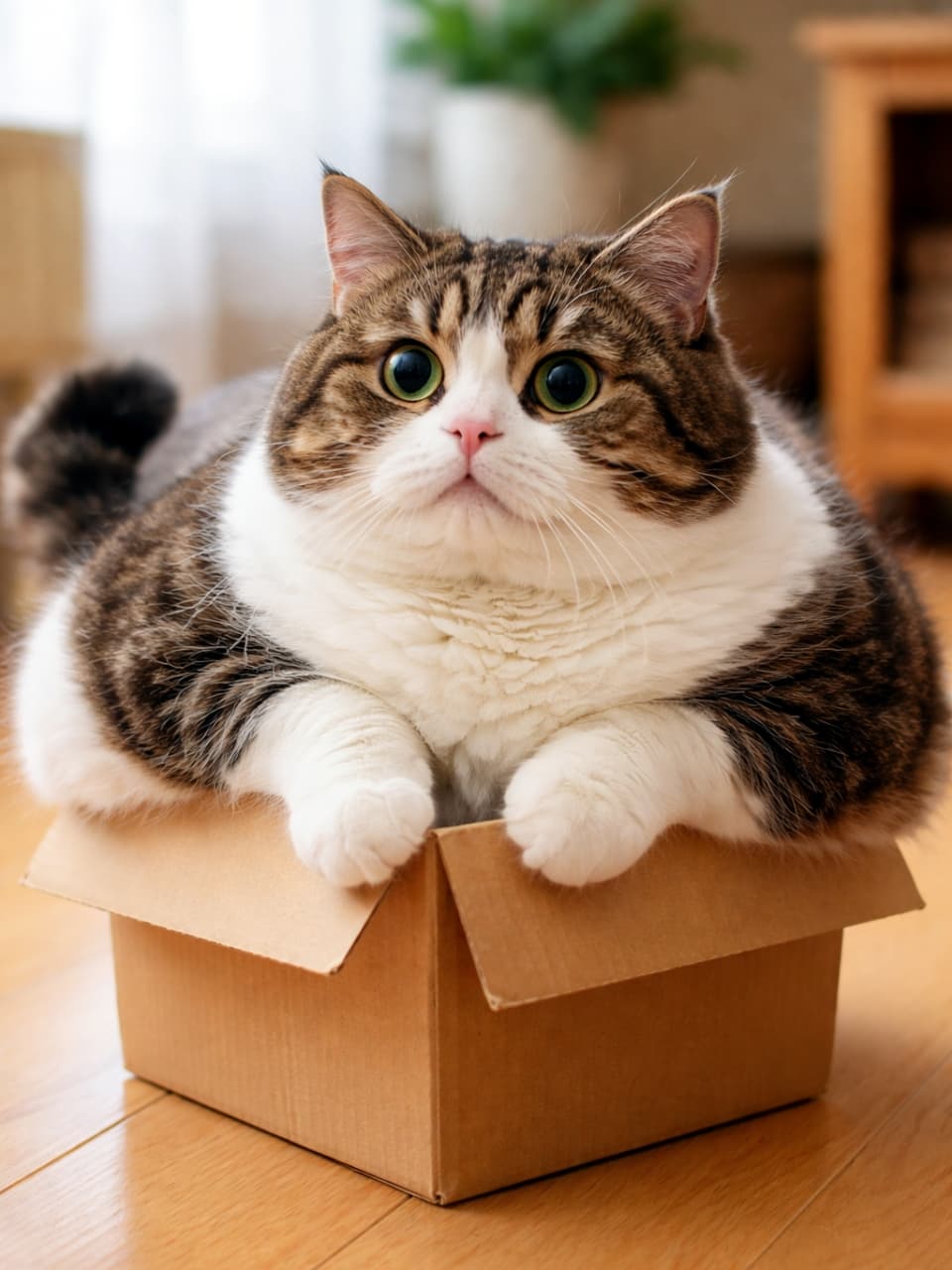 「「サイズ間違えてないニャ？」😼 小さな箱に無理やり入ろうとして、お肉が溢れちゃったマンクスちゃんが愛おしすぎる😹💕」Ultra-realistic high-quality photograph of a chubby tabby and white Manx cat hilariously trying to fit into a cardboard box that is way too small, with its fluffy body spilling over the edges. 自分の体よりも明らかに小さな段ボール箱に無理やり収まろうとして、箱の縁からたっぷりとしたお肉がはみ出している、ぽっちゃり体型のキジ白のマンクス猫。少し不服そうな表情がコミカル