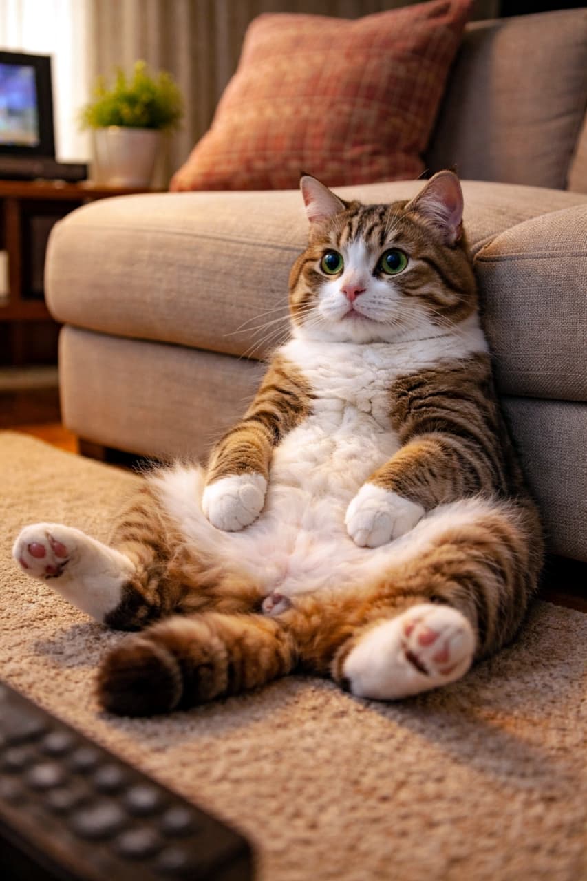 「完全に野生を忘れた座り方😂 ぽっこりお腹とピンクの肉球がたまらない究極の癒しショット🐾 #おっさん座り #へそ天 #にゃんすたぐらむ」Ultra-realistic high-quality photograph of a chubby tabby and white cat relaxing on a carpet next to a sofa, sitting like a human under warm lighting. 暖色系の照明の下、ソファの横のカーペットで人間のように座ってくつろぐキジトラ白猫のリアルな高画質写真