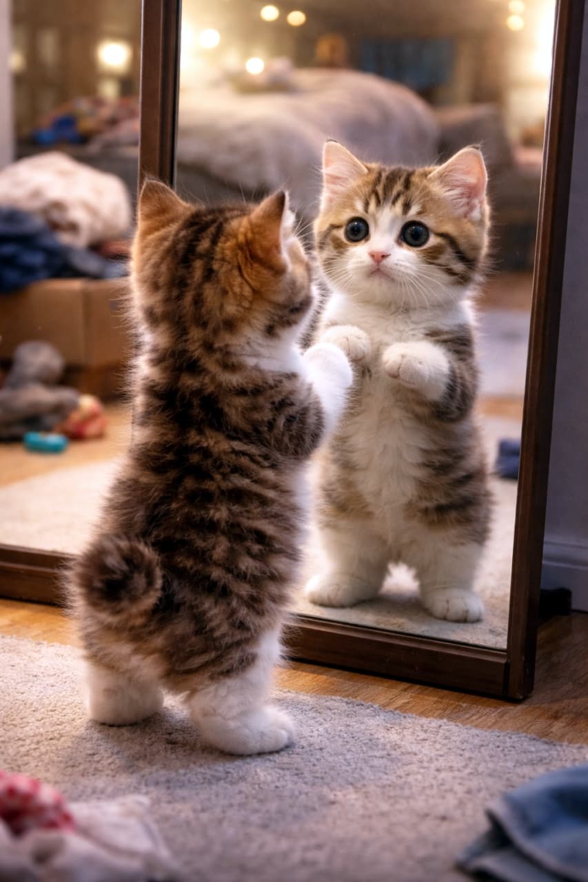 「「キミはだぁれ？」🪞✨ 鏡に映る自分に興味津々なマンクスちゃん！短いしっぽとまあるい後ろ姿がたまらん🤤💕」Ultra-realistic high-quality photograph of a curious tabby and white Manx kitten with a stubby tail, standing on its hind legs and looking at its reflection in a large mirror. 姿見の前に後ろ足で立ち上がり、鏡に映る自分自身を不思議そうに見つめるキジ白のマンクスの子猫。マンクス特有の丸いお尻と短いポンポンしっぽが可愛らしい写真