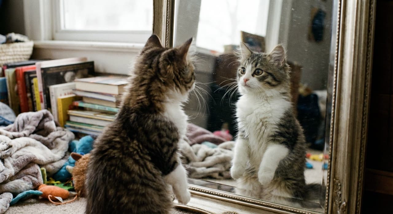 「「君はだぁれ？」🪞✨ 鏡に映る自分に釘付けなマンクスちゃん🐈 丸い後頭部と短いしっぽのシルエットがキュートすぎる💖」Ultra-realistic high-quality photograph of a curious tabby and white Manx kitten standing on its hind legs and looking at its reflection in an antique mirror. アンティーク調の鏡の前に立ち、後ろ足で立ち上がりながら鏡に映る自分自身を不思議そうに見つめるキジ白のマンクスの子猫。背景には本や毛布が積まれている