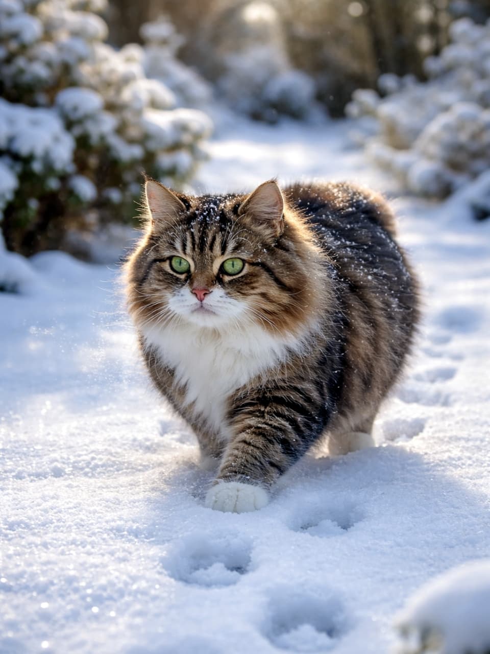 「雪なんてへっちゃらニャ！❄️🐾 ズンズン歩くたくましい長毛マンクスちゃん、神々しいかっこよさ✨」Ultra-realistic high-quality photograph of a fluffy tabby and white Manx cat walking confidently through a snowy garden, leaving footprints, beautifully illuminated by bright sunlight. ふかふかの雪が積もった庭に足跡をつけながら、力強い足取りで歩いてくる長毛のキジ白のマンクス猫。太陽の光を浴びて毛並みが輝いている