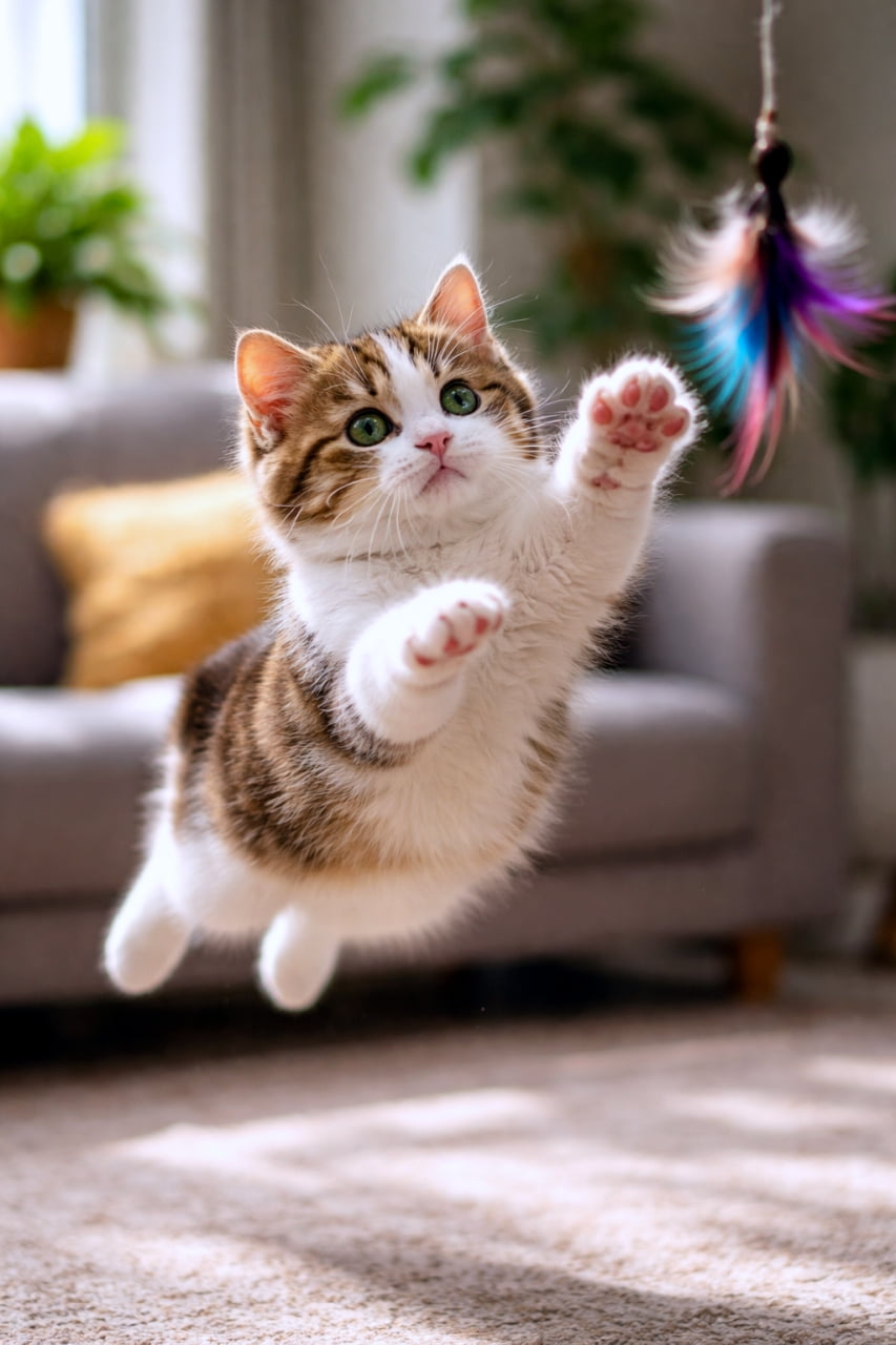「とぉーっ！🐈💨 羽のおもちゃに夢中で空中浮遊しちゃうマンクスちゃん🐾 見事なジャンプ力に拍手👏✨」Ultra-realistic high-quality photograph of a tabby and white Manx kitten jumping mid-air with outstretched paws to catch a colorful feather toy in a sunlit living room. 日差しの入るリビングで、キジ白のマンクスの子猫がカラフルな羽のおもちゃに向かって両手を広げて空中に大ジャンプしている躍動感あふれる写真。背景にはグレーのソファと観葉植物が見える