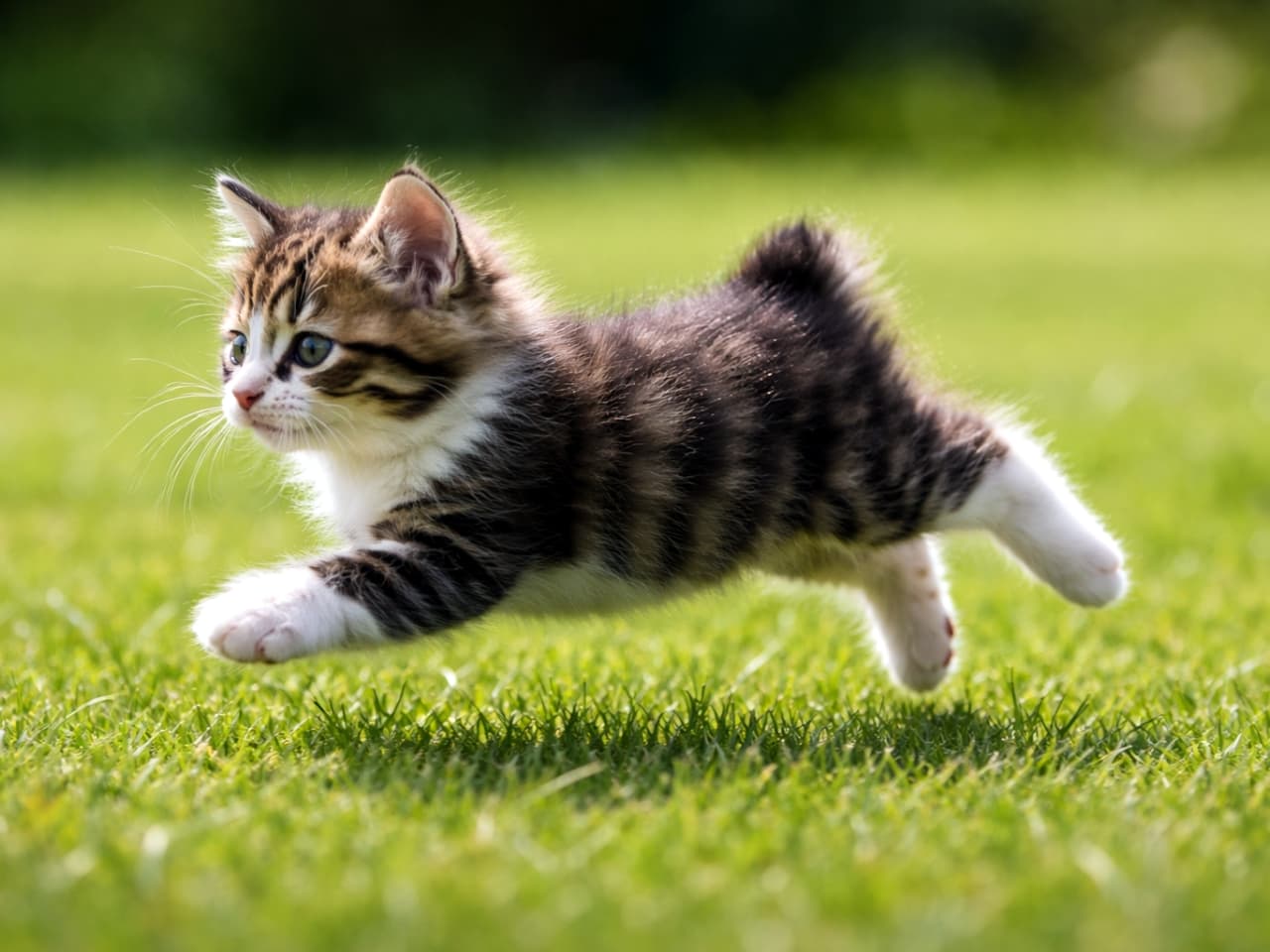 「お外ってたのしいニャ〜！🐾 芝生の上をウサギみたいにぴょんぴょん跳ねるマンクスちゃんに元気をもらえます✨」Ultra-realistic high-quality photograph of a cute tabby and white Manx kitten with a stubby tail happily running and jumping on a bright green lawn. 太陽の光を浴びて青々とした芝生の上を元気に跳ねて走る、キジ白のマンクスの子猫。マンクス特有の短いポンポンとしたしっぽが可愛らしい一枚