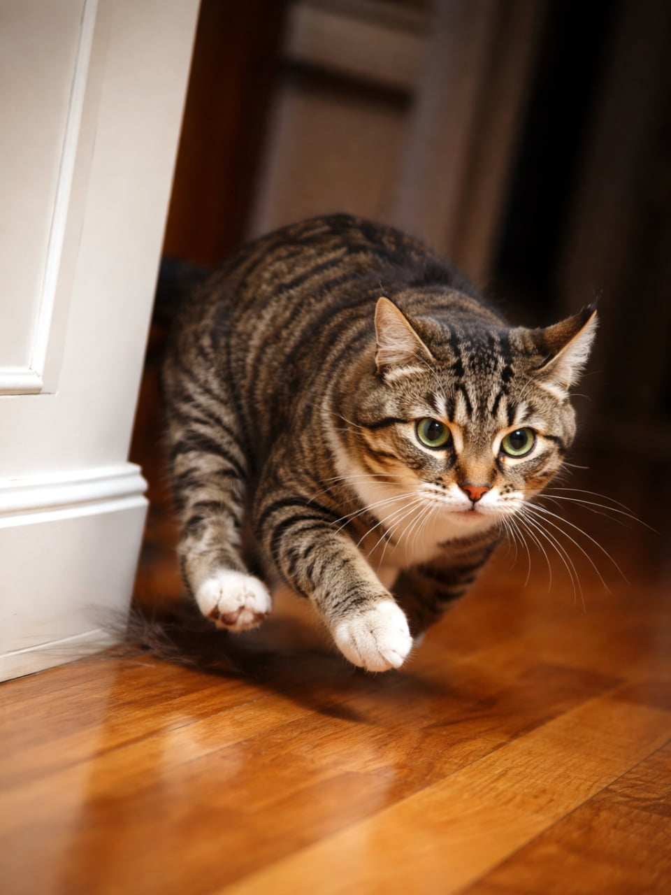 「ドリフト走行お見事ニャ！🏎️💨 猛スピードでコーナーを攻めるマンクスちゃんの躍動感がスゴすぎる✨」Ultra-realistic high-quality action photograph of a tabby and white Manx cat drifting around a corner on a polished wooden floor at high speed, with its front paws off the ground. 艶のあるフローリングの床で、壁のコーナーを猛スピードで曲がってくるキジ白のマンクス猫。前足が宙に浮き、真剣な表情で疾走している躍動感あふれる写真