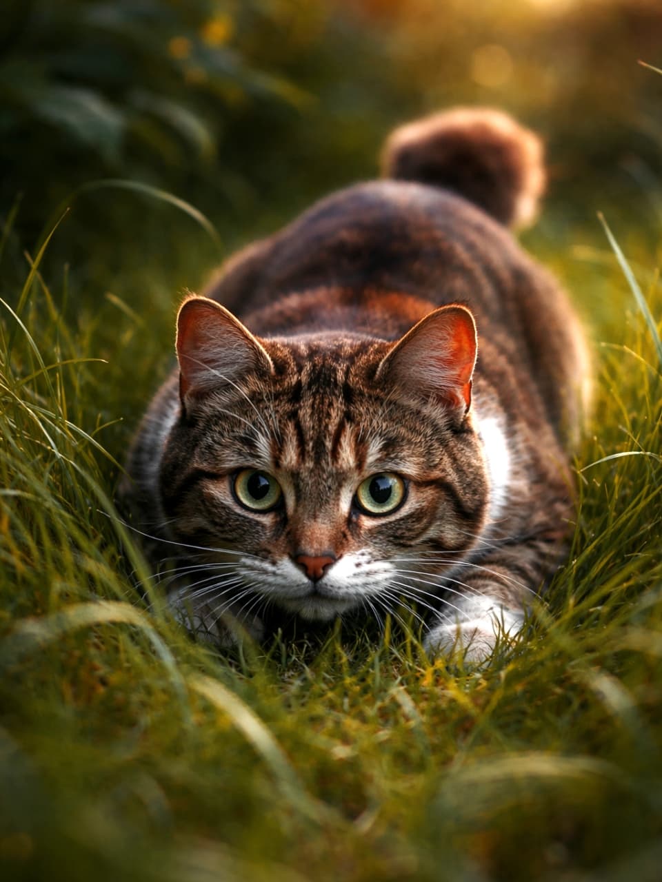 「お尻をフリフリ、飛びかかる準備はバッチリ！？🐾 夕日に照らされた短いしっぽがチャームポイント💕 #マンクス #狩りの時間 #ねこ部」Ultra-realistic high-quality photograph of a Manx cat with a short tail hunting in the grass, illuminated by the golden backlight of the setting sun. 黄金色の夕日を背に浴びながら、草むらで獲物を狙う短いしっぽのキジトラ白猫（マンクス）のリアルな高画質写真
