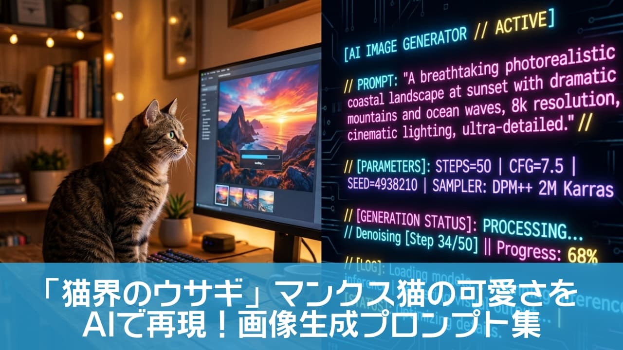 「AIクリエイターの正体は…なんと猫ちゃん！？💻🐈 真剣な眼差しでモニターを見つめる姿がサイバーでかっこよすぎる✨」Ultra-realistic high-quality photograph of a tabby Manx cat sitting on a wooden desk, attentively looking at a computer monitor displaying an AI image generation process, accompanied by cyberpunk-style holographic text. 木製デスクの上で、AI画像生成の進捗画面が表示されたパソコンモニターを真剣な横顔で見つめるキジトラのマンクス猫。右側にはサイバーパンク風のネオンカラーのホログラムテキストが浮かんでいる