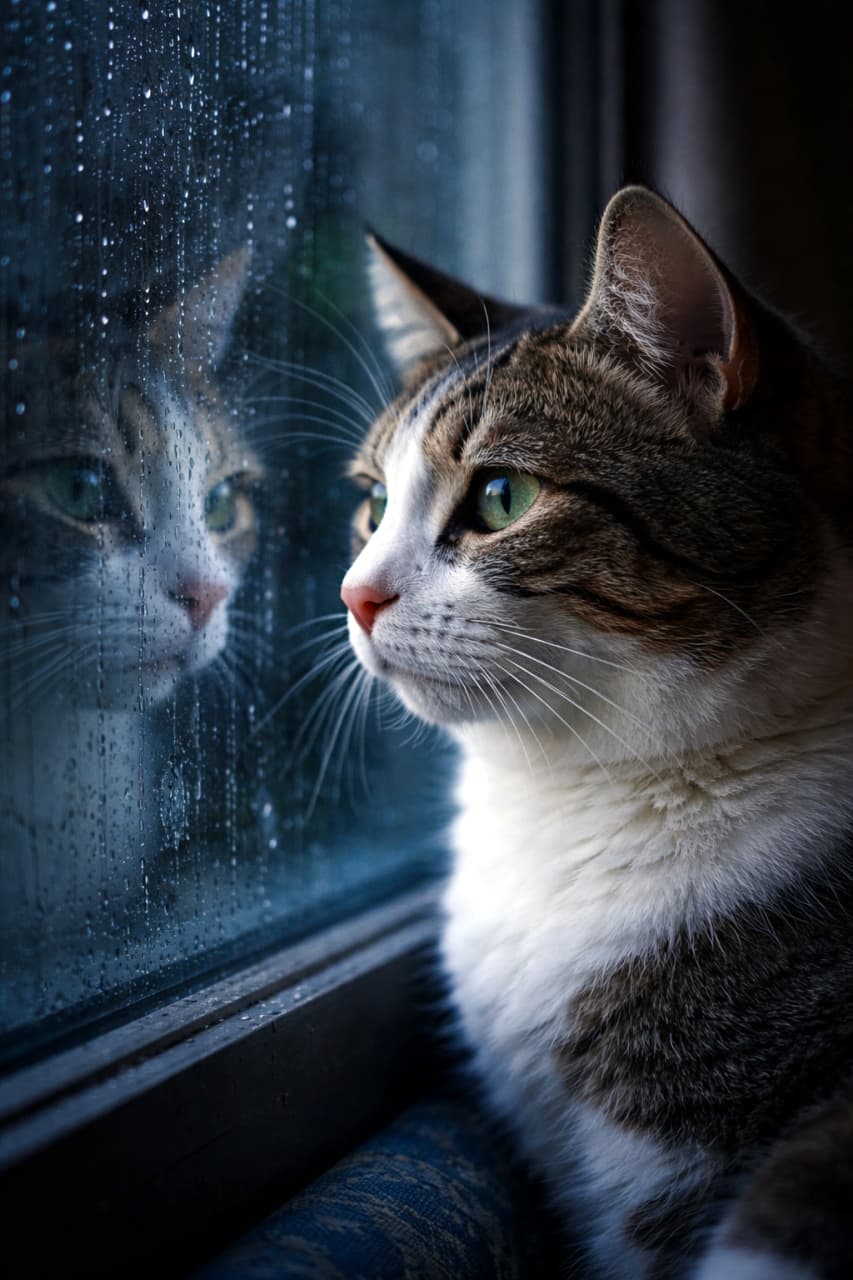 「雨の日はおうちでのんびり☔️ 窓の外をじっと見つめるマンクスちゃんの横顔が、まるで映画のワンシーンみたい🎬✨」Ultra-realistic high-quality photograph of a tabby and white Manx cat looking thoughtfully out a rain-streaked window, with its reflection visible on the wet glass in a moody, cinematic light. 雨粒が滴る窓ガラスのそばで、外の世界を静かに見つめるキジ白のマンクス猫の美しい横顔。薄暗い室内と窓ガラスに反射する猫の顔がエモーショナルな雰囲気を作り出している