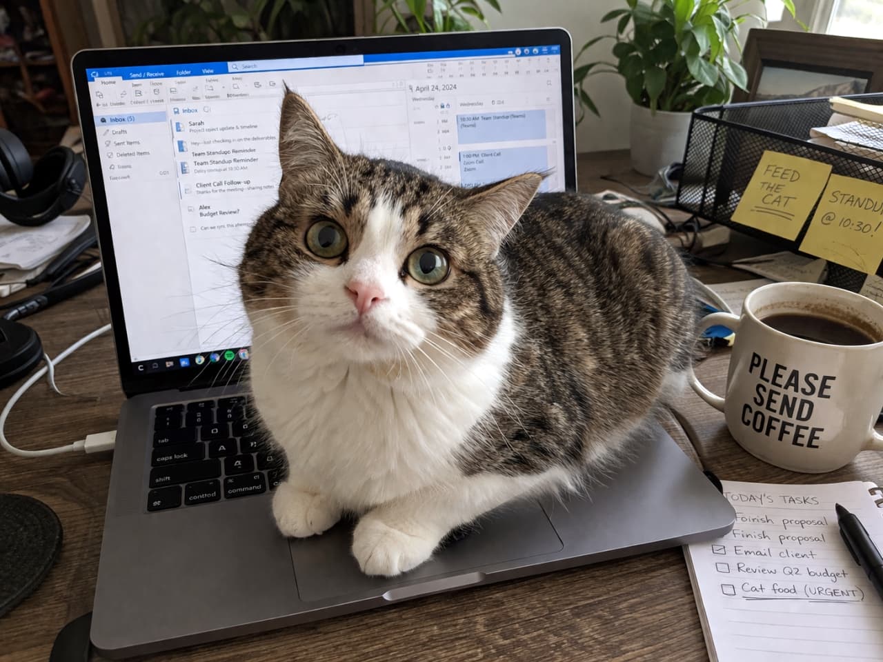 「マグカップには「コーヒーお願い」☕️、付箋には「猫にご飯を」🐟！ユーモアたっぷりのデスクを陣取るマンクスちゃんに思わずクスッ😆」Ultra-realistic high-quality photograph of a tabby and white Manx cat sitting on a laptop keyboard with an email screen open, next to a mug reading "PLEASE SEND COFFEE" and funny sticky notes on a desk. オフィスデスクで、メール画面が開かれたノートパソコンのキーボード上に座るキジ白のマンクス猫。「PLEASE SEND COFFEE」と書かれたマグカップや「FEED THE CAT」と書かれた付箋が周りに置かれている