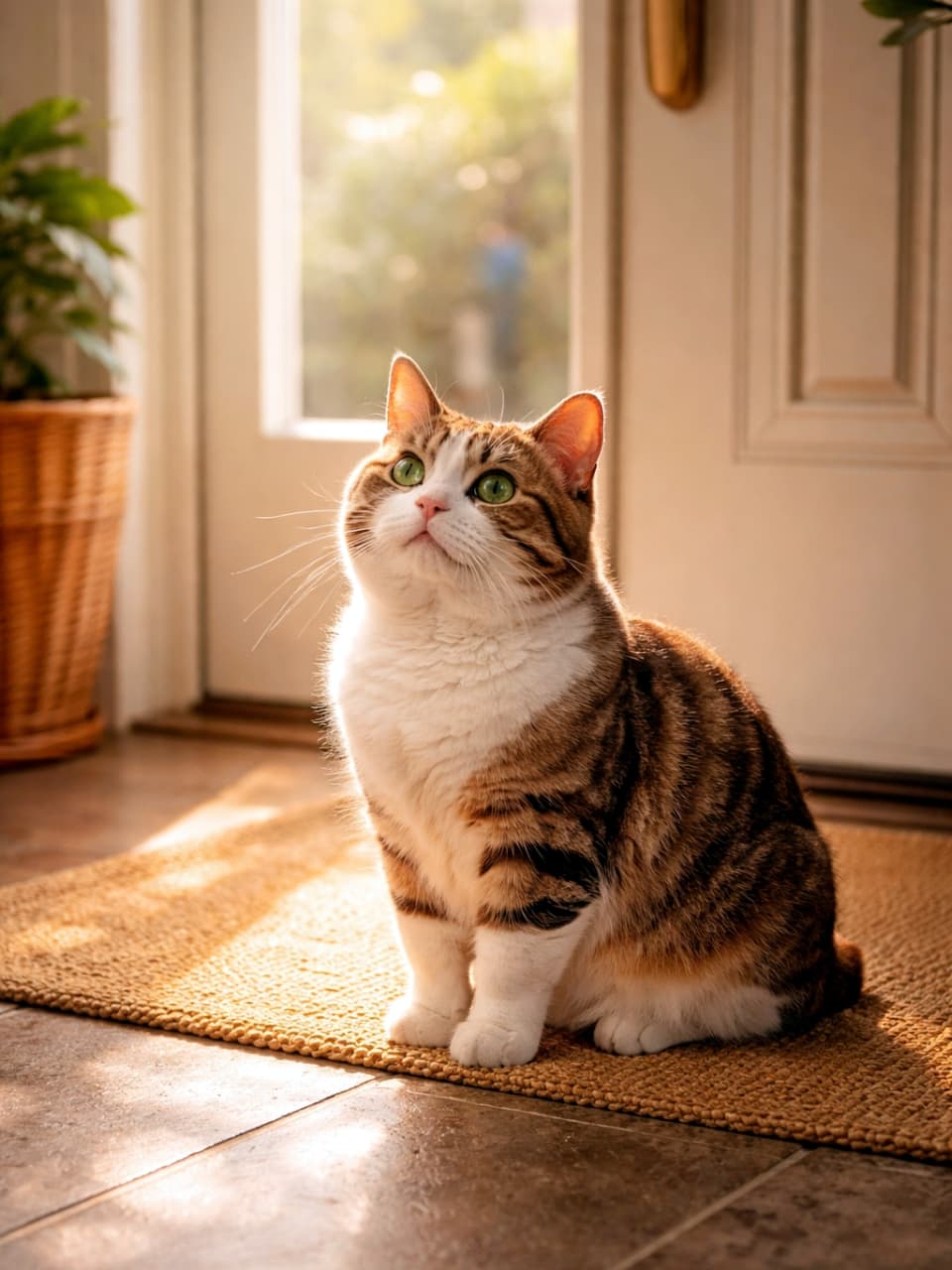 「お外に行きたいのかな？☀️ 玄関先の陽だまりで、キラキラのおめめで上を見上げるお顔に胸キュンです🥺💖」Ultra-realistic high-quality photograph of a chubby tabby and white Manx cat sitting on a doormat by a sunlit door, looking up with bright, curious eyes. 太陽の光が差し込むドアの前のマットにお行儀よく座り、キラキラとした瞳で上を見つめるキジ白のふくよかなマンクス猫