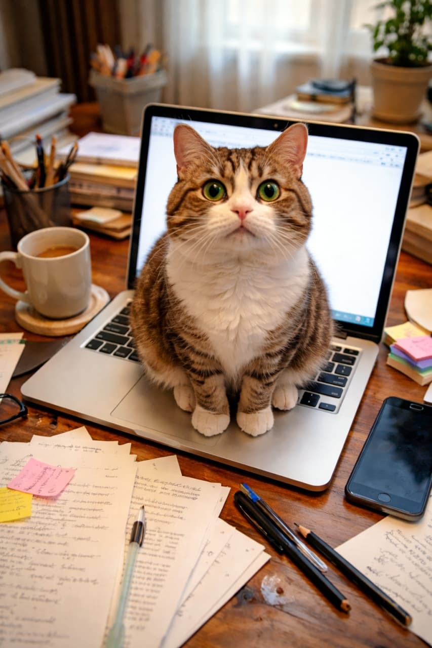 「「お仕事はもうおしまいニャ！」💻🐾 キーボードを占拠して構ってアピールをするマンクスちゃん。こんなお邪魔虫なら大歓迎！？😹」Ultra-realistic high-quality photograph of a tabby and white Manx cat sitting directly on a laptop keyboard on a messy wooden desk filled with papers and office supplies. 書類やペンが散らかった木製のデスク上で、開いたノートパソコンのキーボードの上に堂々とお座りをしてこちらを見つめるキジ白のマンクス猫