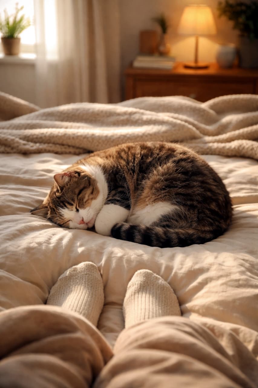 「休日の朝はこうでなくっちゃ☀️ 飼い主さんの足元で丸まって二度寝を満喫するマンクスちゃんに至福のひととき…💤」Ultra-realistic high-quality photograph of a sleeping tabby and white Manx cat curled up on a cozy bed bathed in morning sunlight, viewed from the perspective of the owner's feet wearing socks. 朝の柔らかな光が差し込むベッドの上で、靴下を履いた飼い主の足元の先で丸まって気持ちよさそうに眠るキジ白のマンクス猫。温かみのあるリネンが心地よい空間を演出している