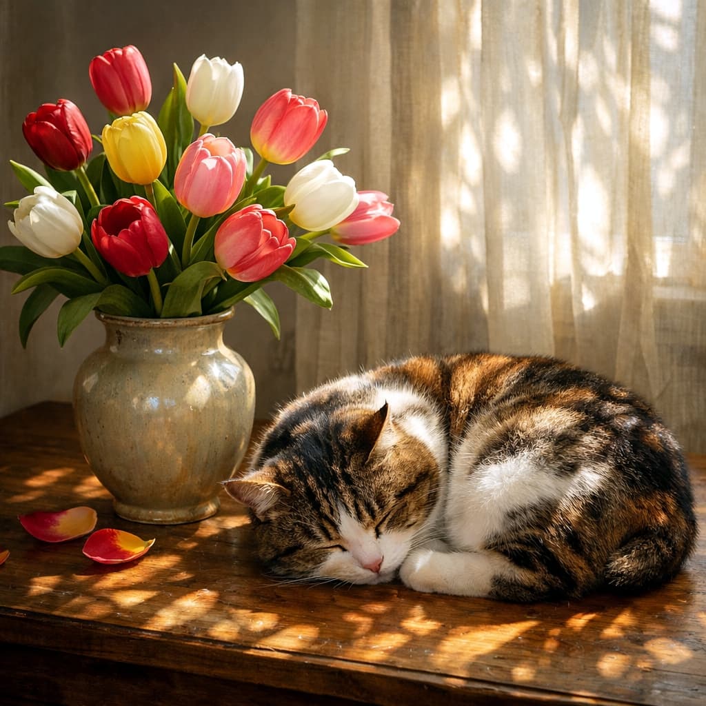 「木漏れ日とチューリップの香りに包まれて…🌷✨ アンティークな机で丸まって眠るマンクスちゃん、まるで名画のよう🖼️💕」Ultra-realistic high-quality photograph of a calico tabby Manx cat sleeping curled up on an antique wooden table bathed in beautiful dappled sunlight, next to a vase of vibrant colorful tulips. 窓からの美しい木漏れ日が落ちるアンティークな木製テーブルの上で、色鮮やかなチューリップが活けられた花瓶の隣で丸まって眠る三毛混じりのマンクス猫。マンクス特有のしっぽのない丸いフォルムが強調されている
