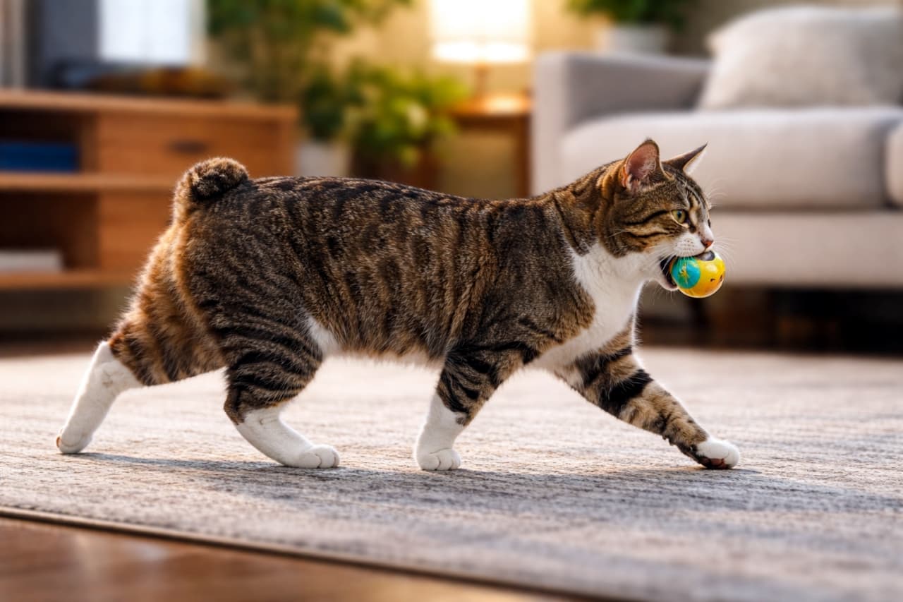 「「見て見て！捕まえたニャ！」🐾 お気に入りのおもちゃをくわえて得意げに歩くマンクスちゃんが誇らしげ✨」Ultra-realistic high-quality photograph of a tabby and white Manx cat with a short tail walking across a living room rug, carrying a colorful toy ball in its mouth. リビングのラグの上を、カラフルなボールのおもちゃをくわえて歩くキジ白のマンクス猫。マンクス特有の短いしっぽと、しっかりとした足取りが特徴的