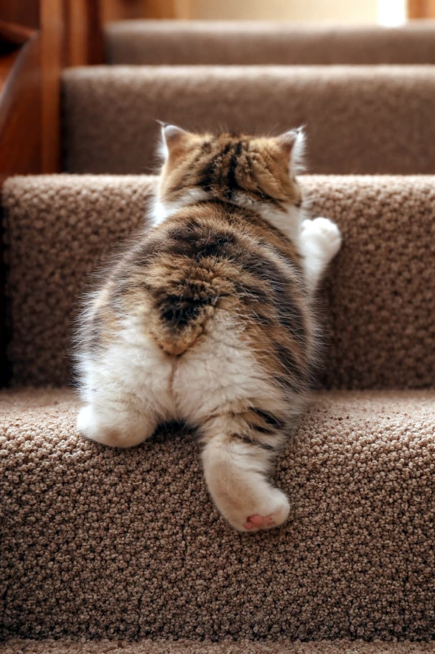 「大冒険に出発ニャ！🐾 短いしっぽとまん丸なお尻で、一生懸命に階段を登るマンクスちゃん。がんばれ〜！📣✨」Ultra-realistic high-quality photograph, back view of a tabby and white Manx kitten with a stubby tail trying to climb up carpeted stairs, showcasing its cute round bottom. カーペット敷きの階段を一生懸命に登ろうとしている、キジ白のマンクスの子猫の後ろ姿。マンクス特有の丸いお尻と短いポンポンしっぽが強調された可愛らしい構図