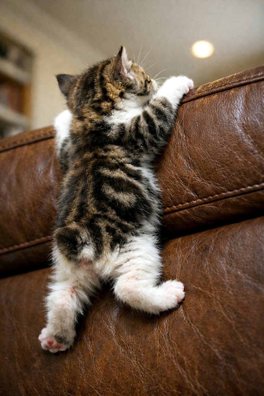 「ヨイショ、ヨイショ！🐾 大きなソファに果敢に挑むマンクスちゃん。特徴的な短いしっぽとまん丸お尻が愛おしすぎます🤤✨」Ultra-realistic high-quality photograph of a tabby and white Manx kitten with a short, stubby tail trying hard to climb up the side of a brown leather sofa, showing its cute round bottom. 茶色いレザーソファの背もたれに一生懸命よじ登ろうとしている、キジ白のマンクスの子猫の後ろ姿。短いポンポンしっぽと丸いお尻が強調された躍動感のある一枚