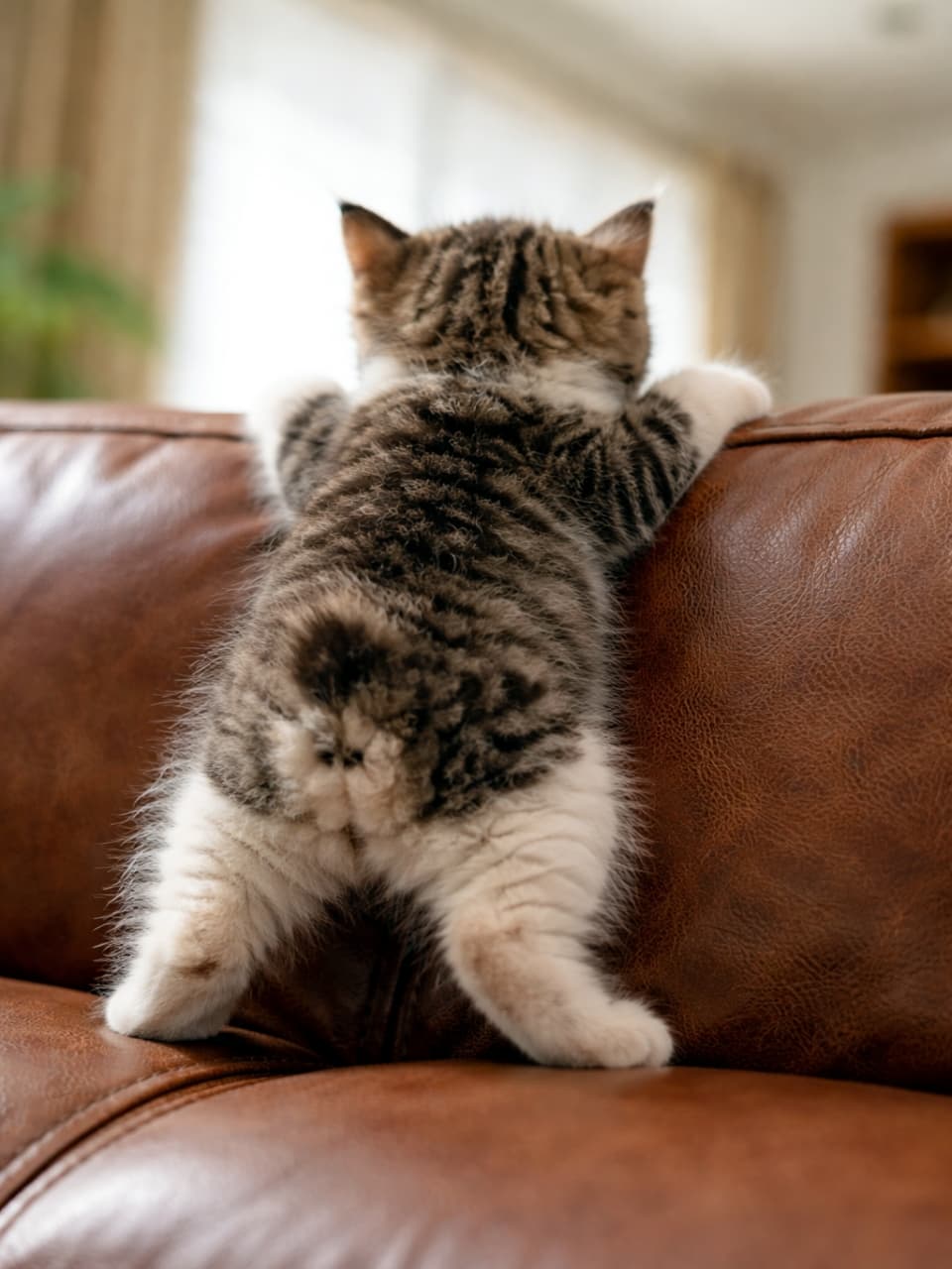 「「ソファの向こうには何があるのかな？」👀✨ 頂上まであと少し！好奇心旺盛なマンクスちゃんの小さな大冒険をこっそり応援📣💕」Ultra-realistic high-quality photograph, back view of a tabby and white Manx kitten standing on its hind legs and looking over the back edge of a brown leather sofa. 茶色いレザーソファの背もたれの頂上に前足をかけ、向こう側の景色を覗き込もうとしているキジ白のマンクスの子猫の後ろ姿