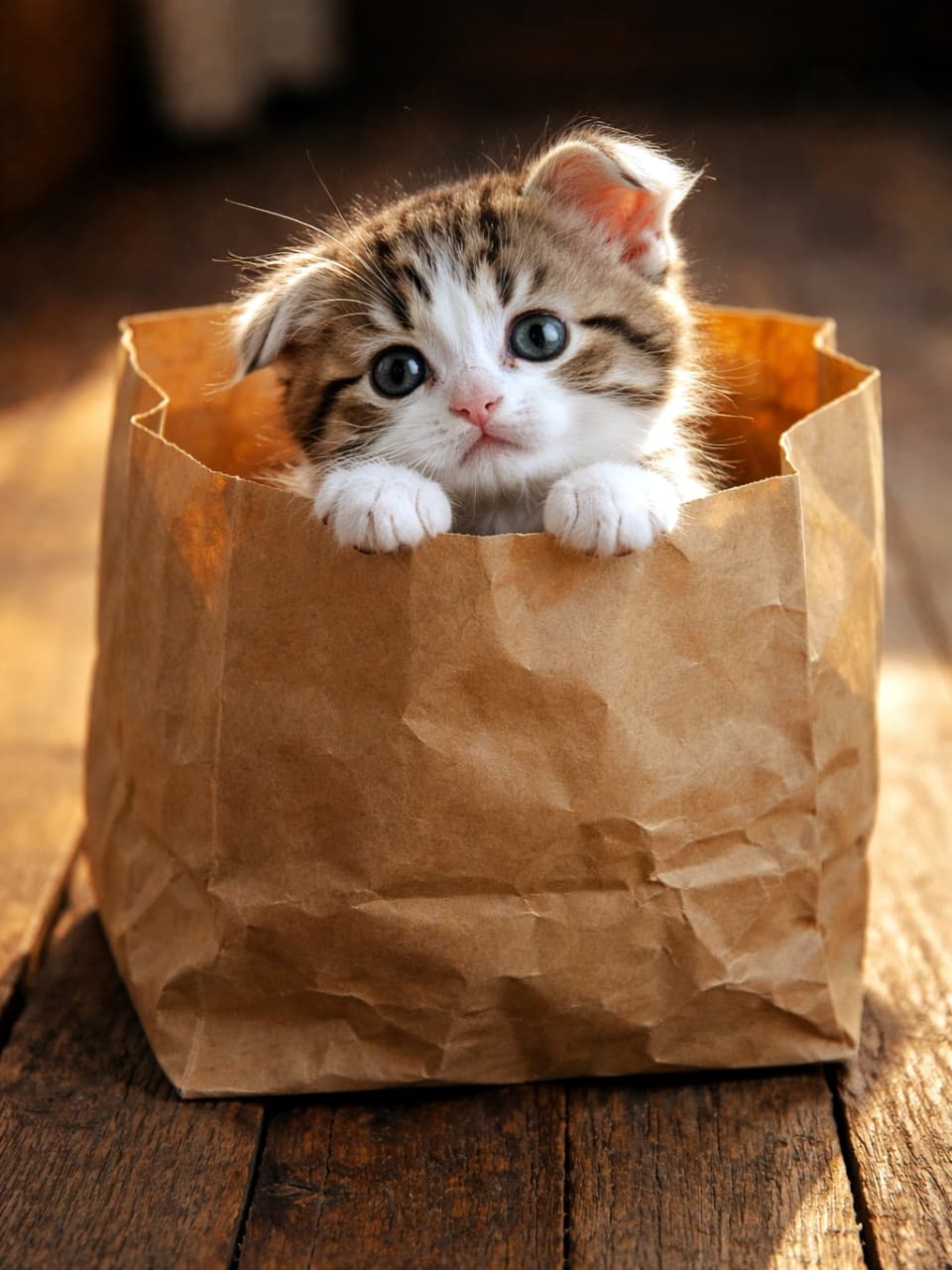 「お買い物から帰ったら、袋の中に天使が！？🛍️✨ ひょっこりお顔を出すマンクスちゃん、このままお持ち帰りしたい🤤💕」Ultra-realistic high-quality photograph of a cute tabby and white Manx kitten peeking its face and tiny white paws out of a brown paper bag in warm sunlight. 暖かい夕日のような光を浴びて、クラフト紙の茶色い紙袋の中から顔と白い前足をひょっこり出している、キジ白のマンクスの子猫