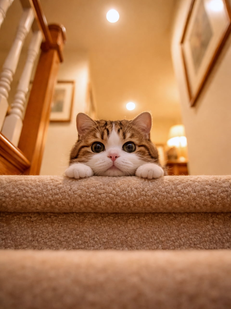 「階段を登ったら…可愛い待ち伏せに遭遇！😻 上からひょっこり覗き込むお顔とおててが反則級の可愛さです💕」Ultra-realistic high-quality photograph of a cute tabby and white Manx kitten peeking over the top of carpeted stairs with its paws resting on the edge, looking down with big round eyes. カーペット敷きの階段の上段から、顔と白い前足だけを出して下を覗き込んでいるキジ白のマンクスの子猫。まん丸な瞳が印象的で、暖かな照明が背景を包んでいる