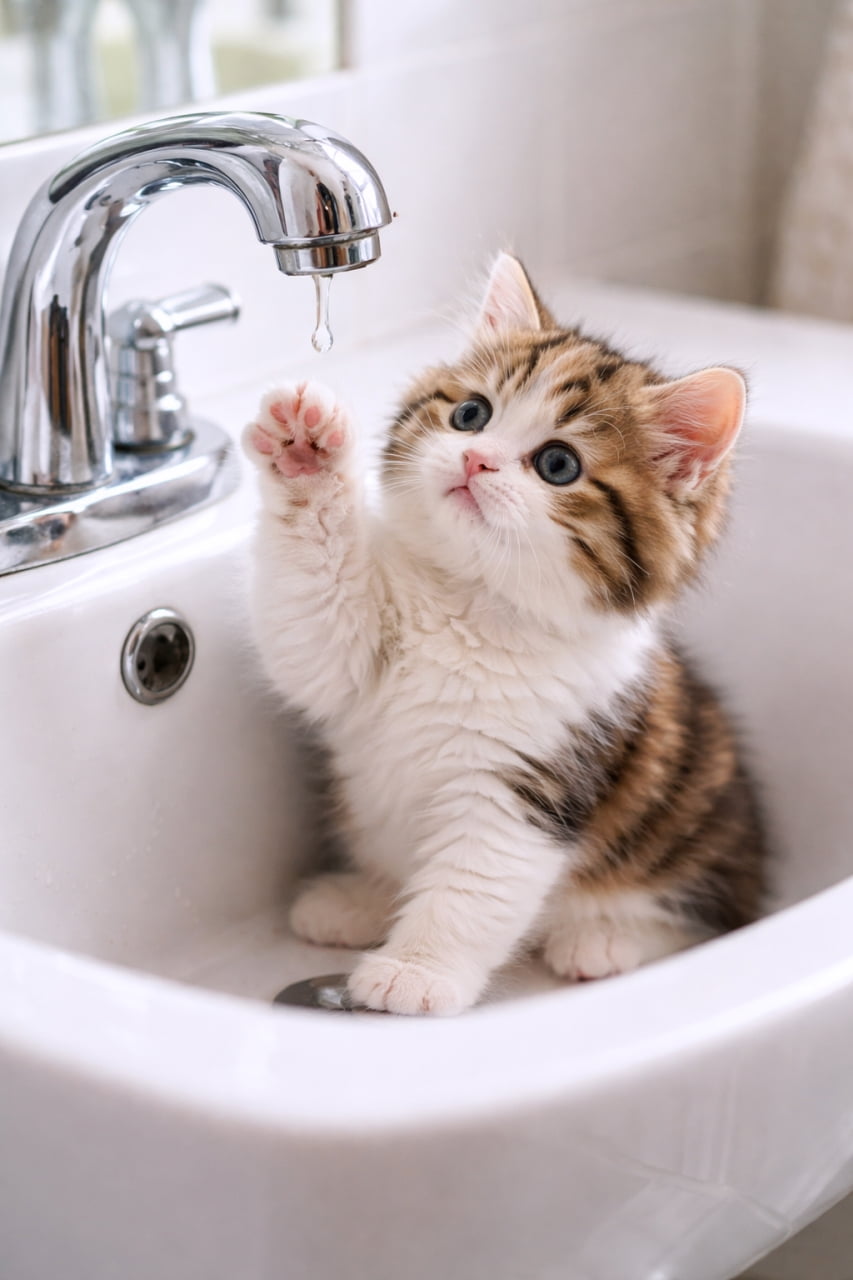 「「つかまえるニャ！」💧 蛇口のお水が不思議でたまらないマンクスちゃん🐾 ピンクの肉球にハイタッチしたくなっちゃう〜！😍」Ultra-realistic high-quality photograph of a cute tabby and white Manx kitten sitting inside a white bathroom sink, reaching its little paw with pink toe beans towards a water drop from a chrome faucet. 清潔な白い洗面台のシンクの中にちょこんと座り、シルバーの蛇口から落ちそうな水滴に向かって小さな前足を伸ばしているキジ白のマンクスの子猫。ピンク色の肉球と、真剣に上を見つめる丸い瞳が愛らしい写真