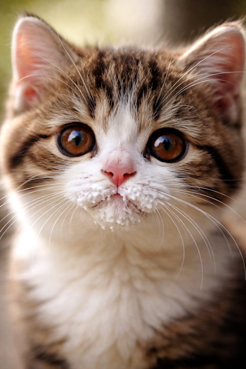 「ミルクおいしかったニャ〜🍼 お口の周りに立派なおひげができちゃったマンクスちゃんが愛おしすぎます🤤💖」Ultra-realistic high-quality close-up photograph of a tabby and white Manx kitten with a cute, messy milk mustache looking at the camera with big amber eyes. 口の周りにたっぷりとミルクをつけて「ミルクひげ」を作ったキジ白のマンクスの子猫のクローズアップ写真。大きく澄んだ琥珀色の瞳で真っ直ぐこちらを見つめている