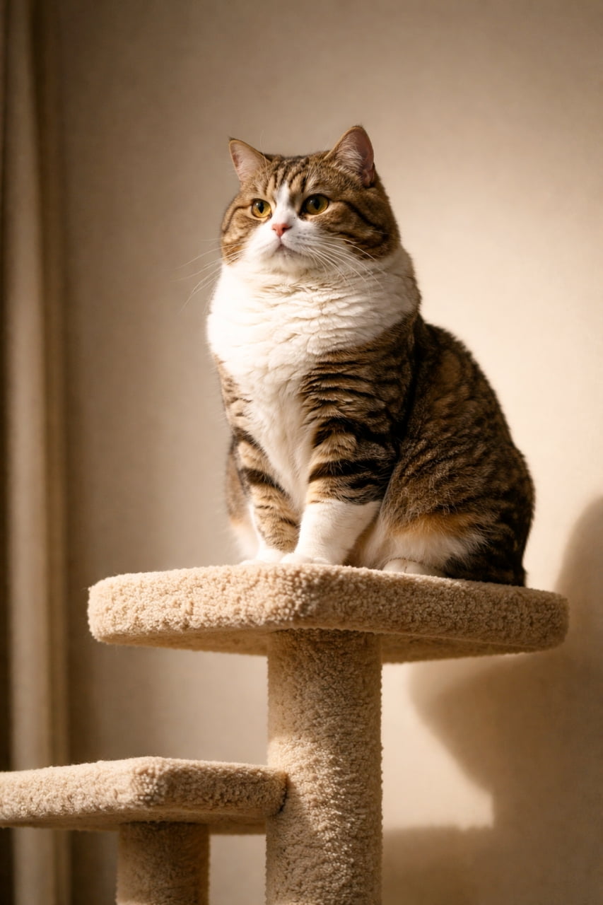 「キャットタワーのてっぺんから下界を見下ろすニャ😼✨ 堂々たるお座りポーズはまさに王者の風格👑」Ultra-realistic high-quality photograph of a regal, chubby tabby and white Manx cat sitting proudly on the top tier of a beige cat tree, bathed in soft side lighting. ベージュのキャットタワーの最上段で、胸を張ってお行儀よくお座りをするふくよかなキジ白のマンクス猫。横からの柔らかな光を浴びて威厳のある表情を浮かべている